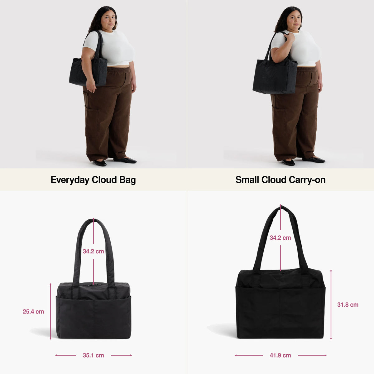 Black cloud carry-on tote bag with short top handles, worn by a model