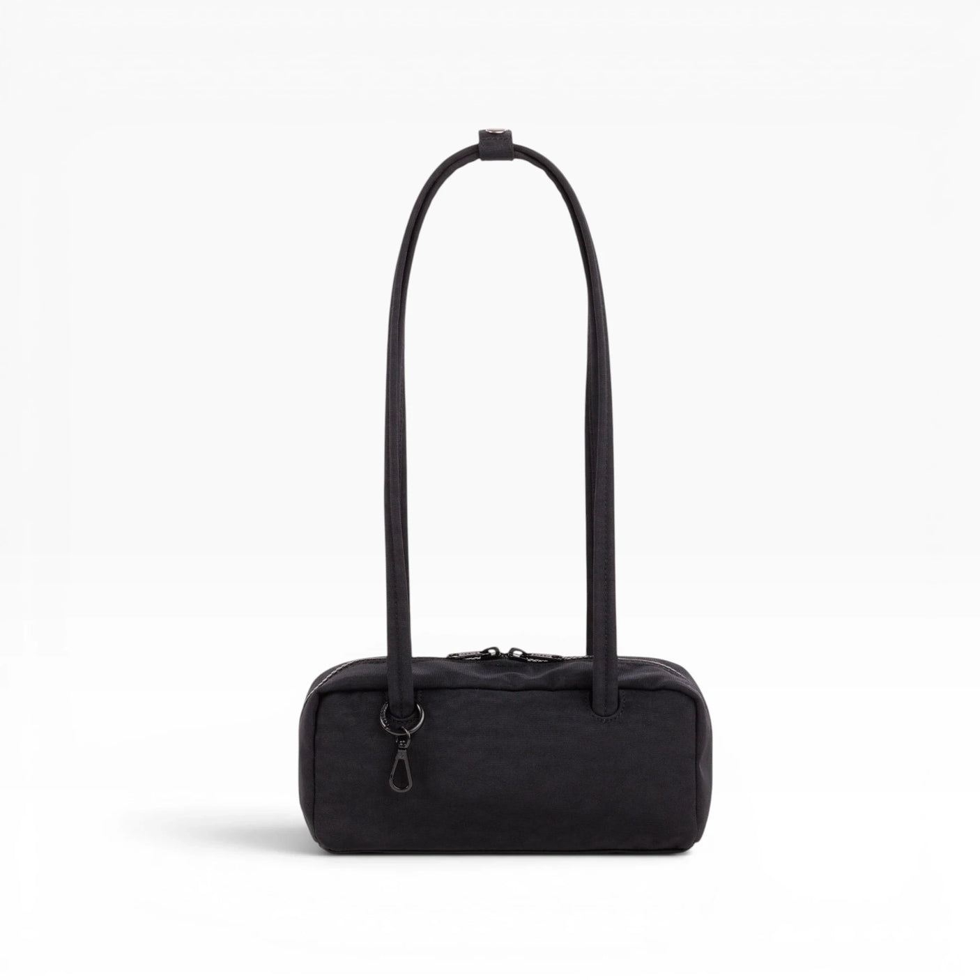 Baggu small bowler bag in black with two top handles and zip closure.
