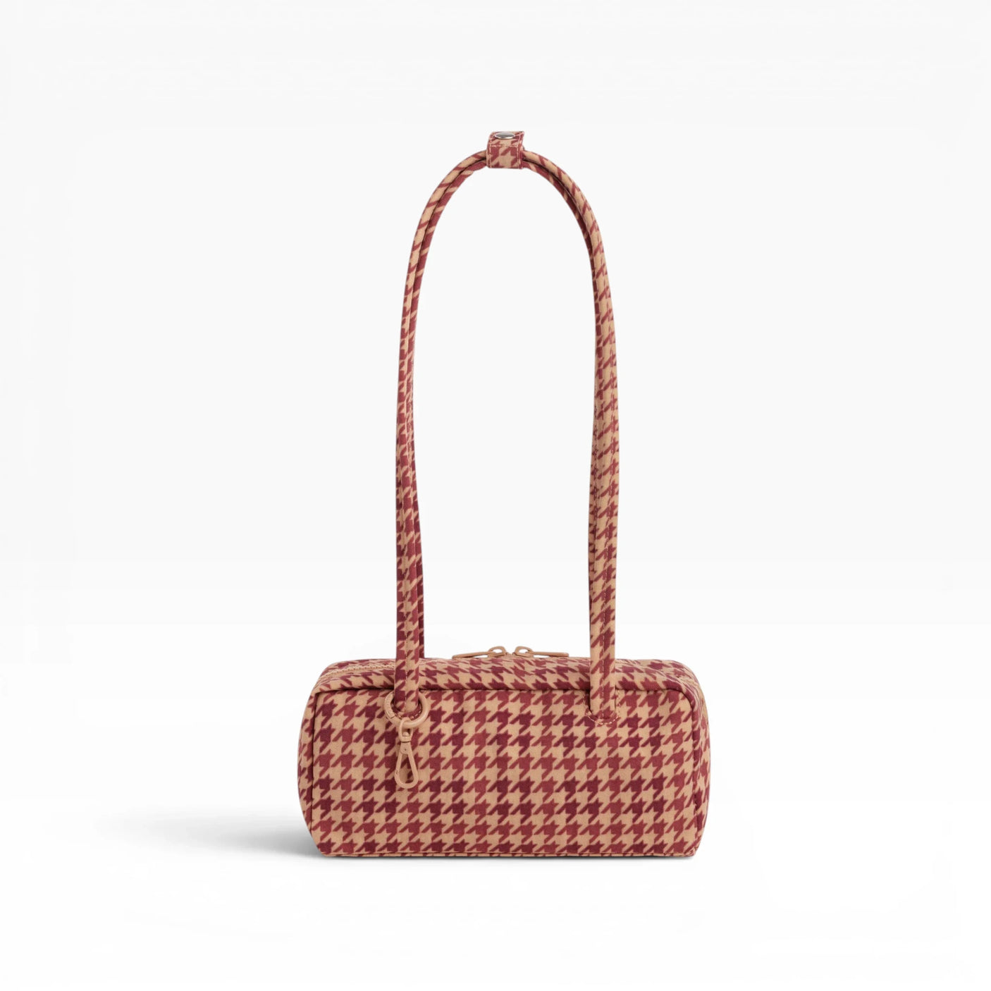 Small houndstooth bowler bag with top handles, tan and burgundy pattern