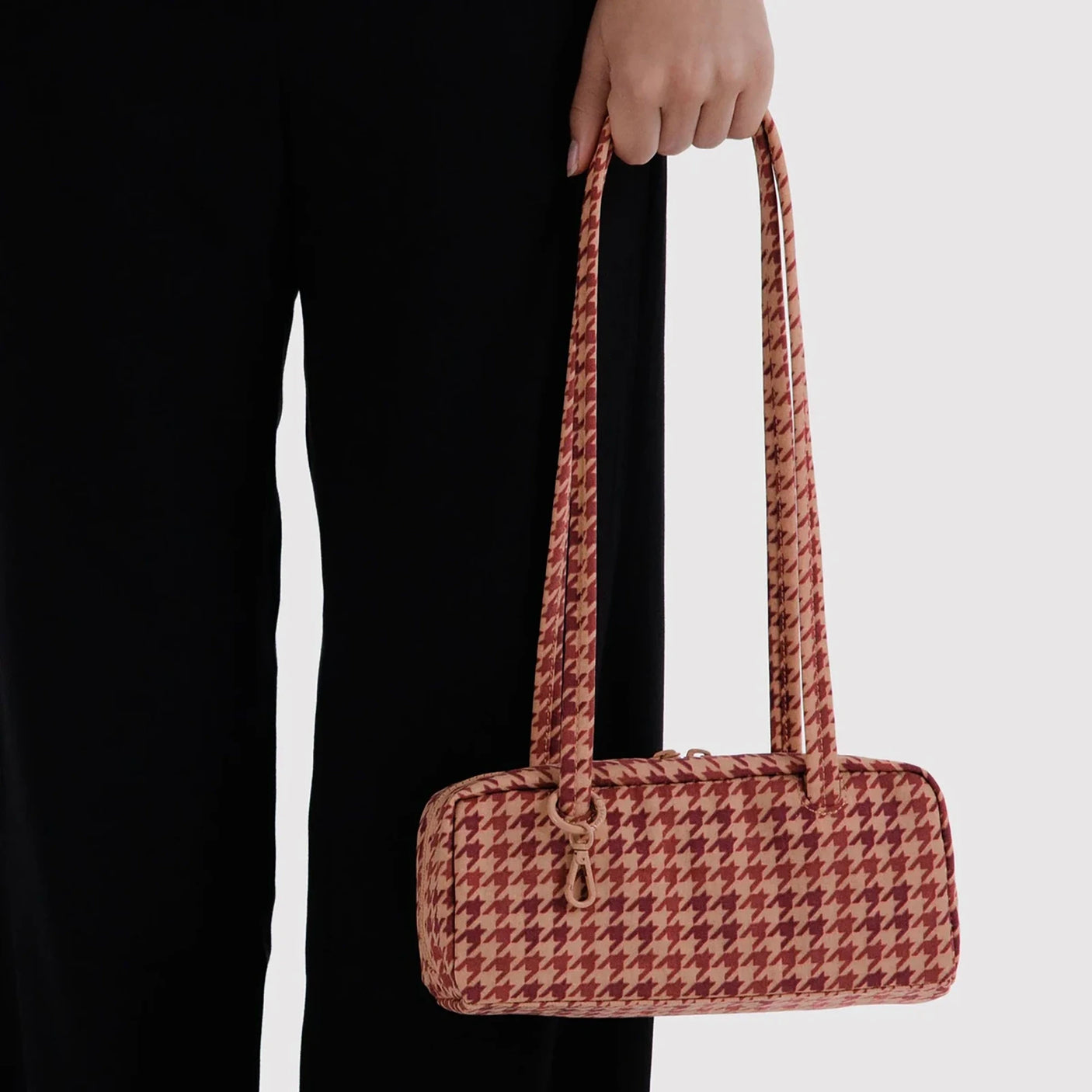 Small houndstooth bowler bag with top handles, tan and burgundy houndstooth