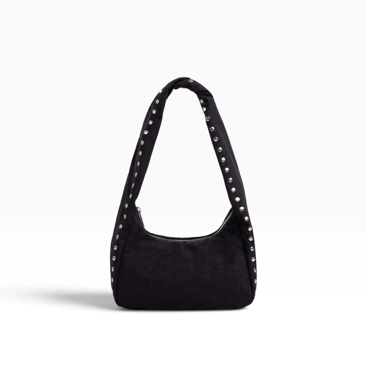 Small black nylon hobo bag with studded handle and open top