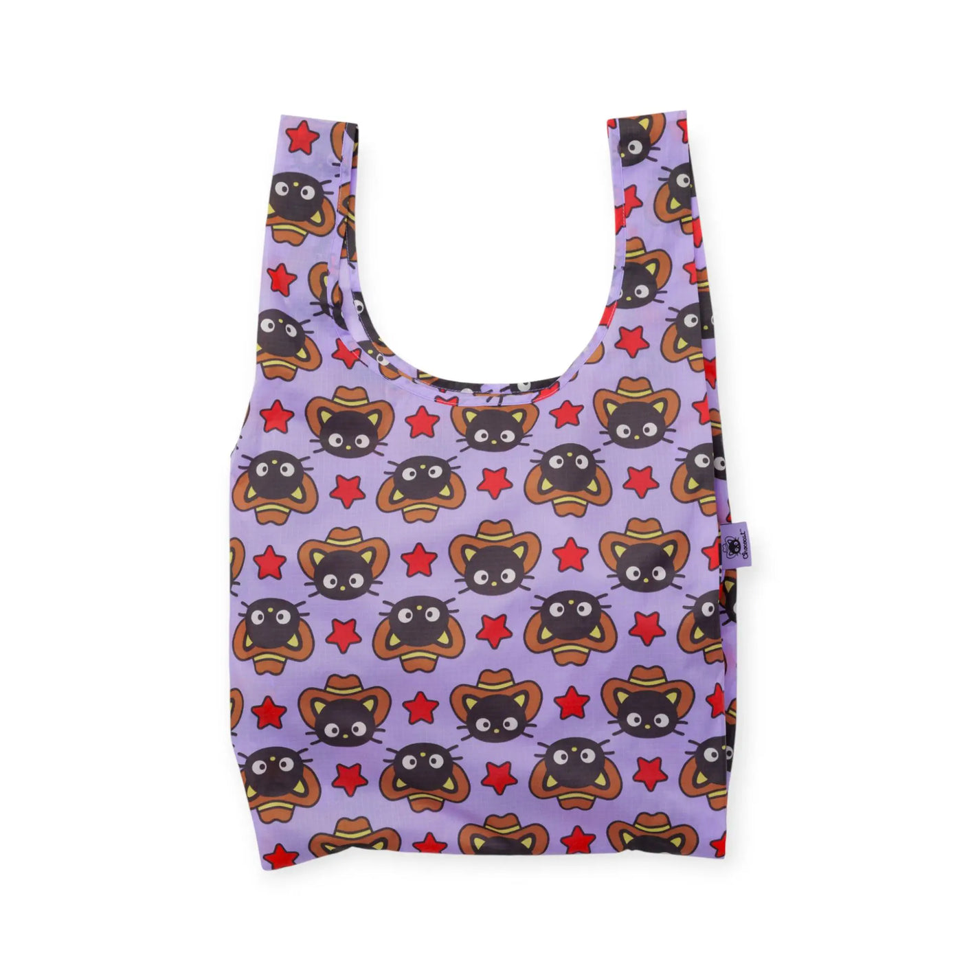 Purple cartoon print tote bag with wide U-shaped opening and short straps