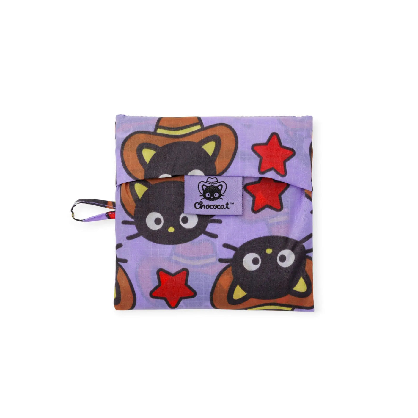 Folded purple Chococat tote bag pouch with cartoon faces and red stars