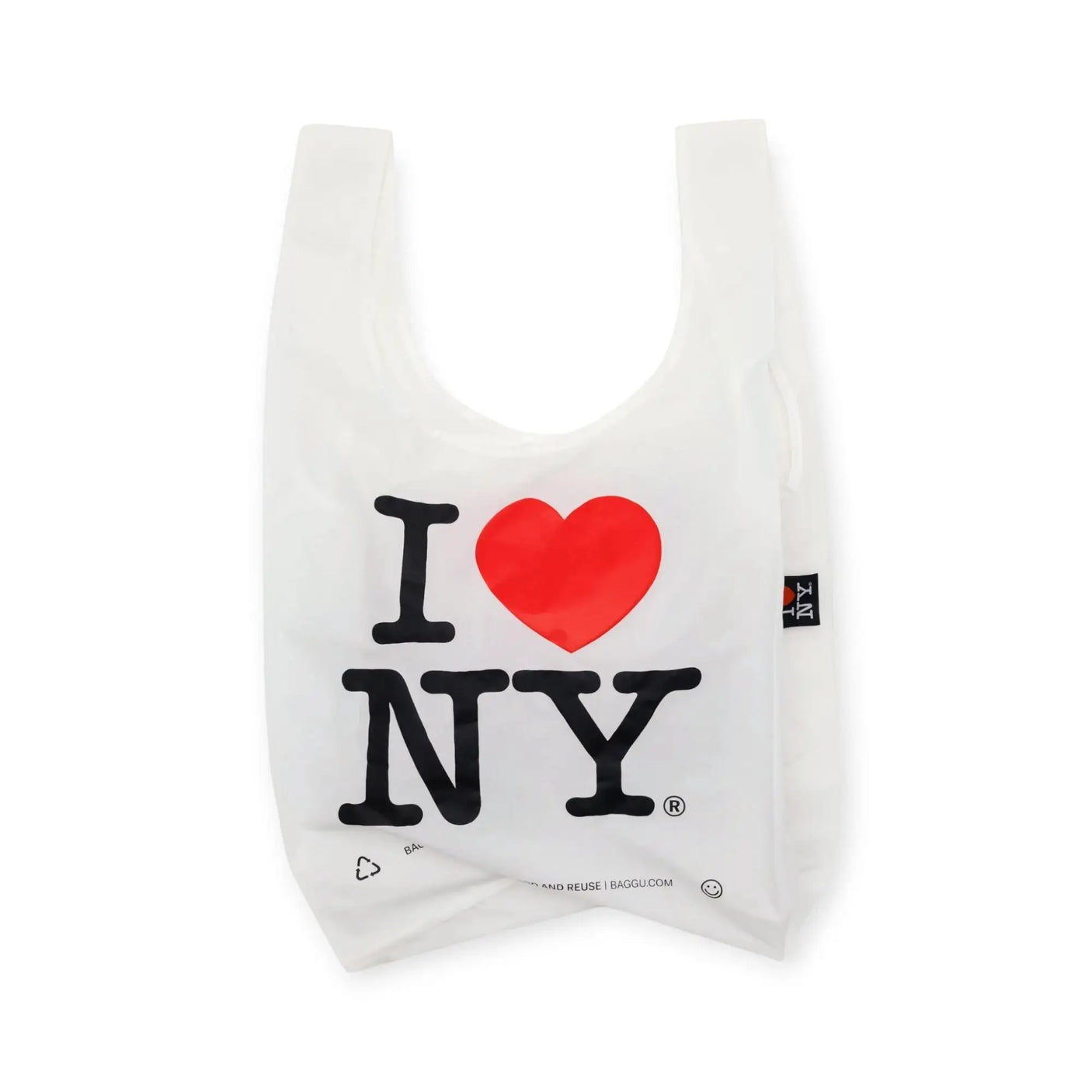White reusable tote bag with I Love NY logo and red heart graphic