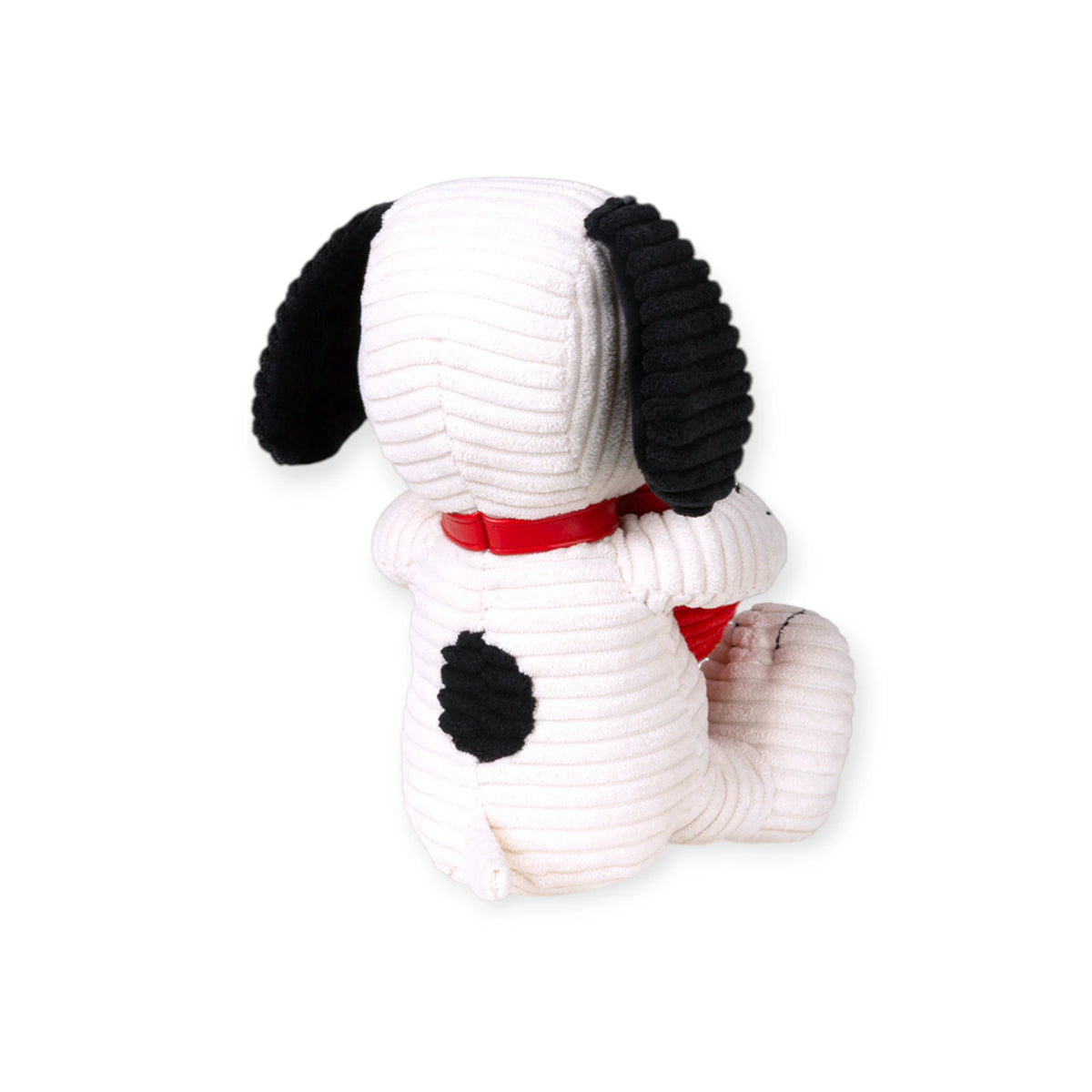 Snoopy corduroy plush with black ears, red heart scarf, and white striped body