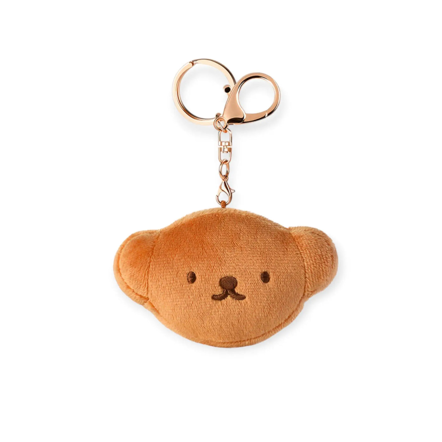Orange plush keychain with bear face and metal key ring, hanging charm