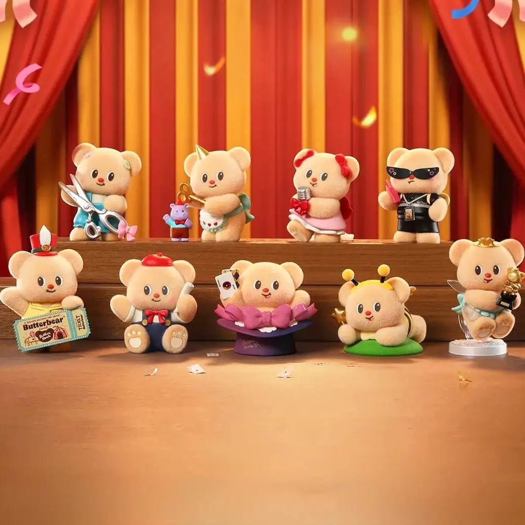 Butterbear blind box plush figures displayed on a stage, assorted cute outfits and poses