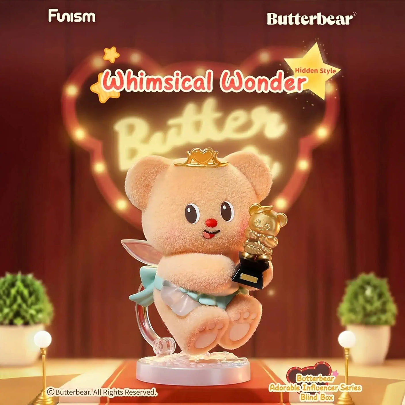 Butterbear blind box plush figure holding a golden trophy and clear heart-like accessory