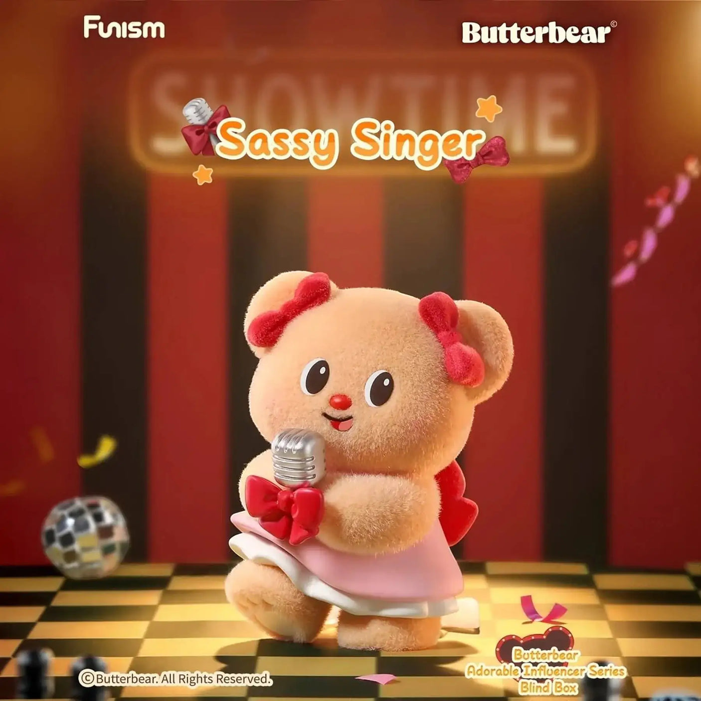 Butterbear blind box plush figure holding a red microphone, wearing a pink outfit