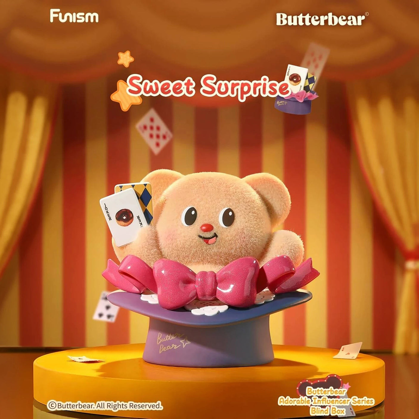 Butterbear blind box plush bear figure with pink bow, on blue display stand