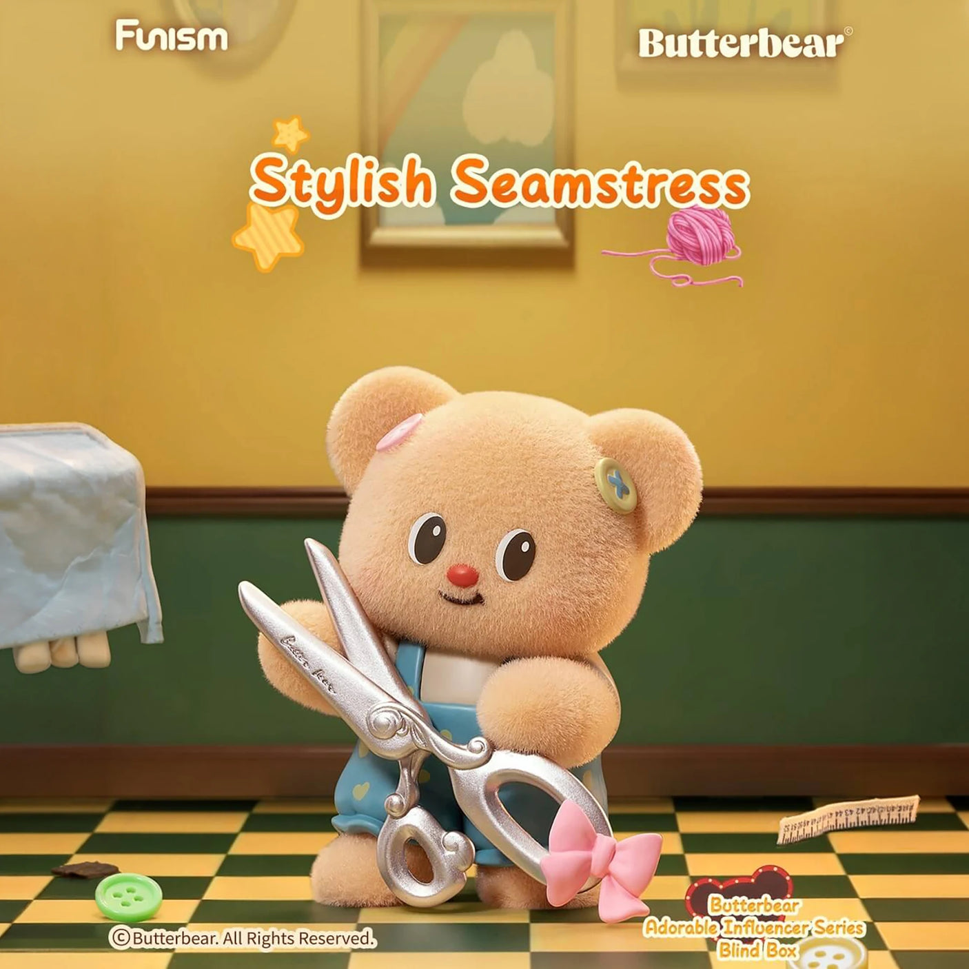 Plush bear wearing blue overalls holding oversized silver scissors with pink bow in cozy sewing room setting