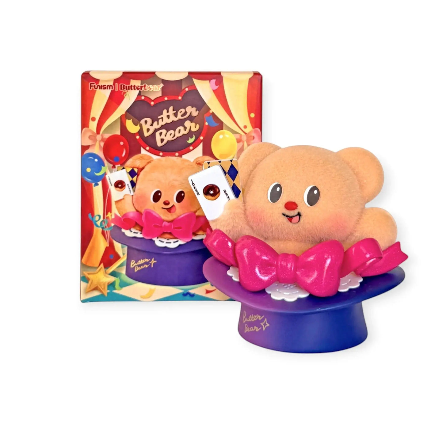 Butterbear blind box plush figure with pink bow, standing beside its colorful blind box