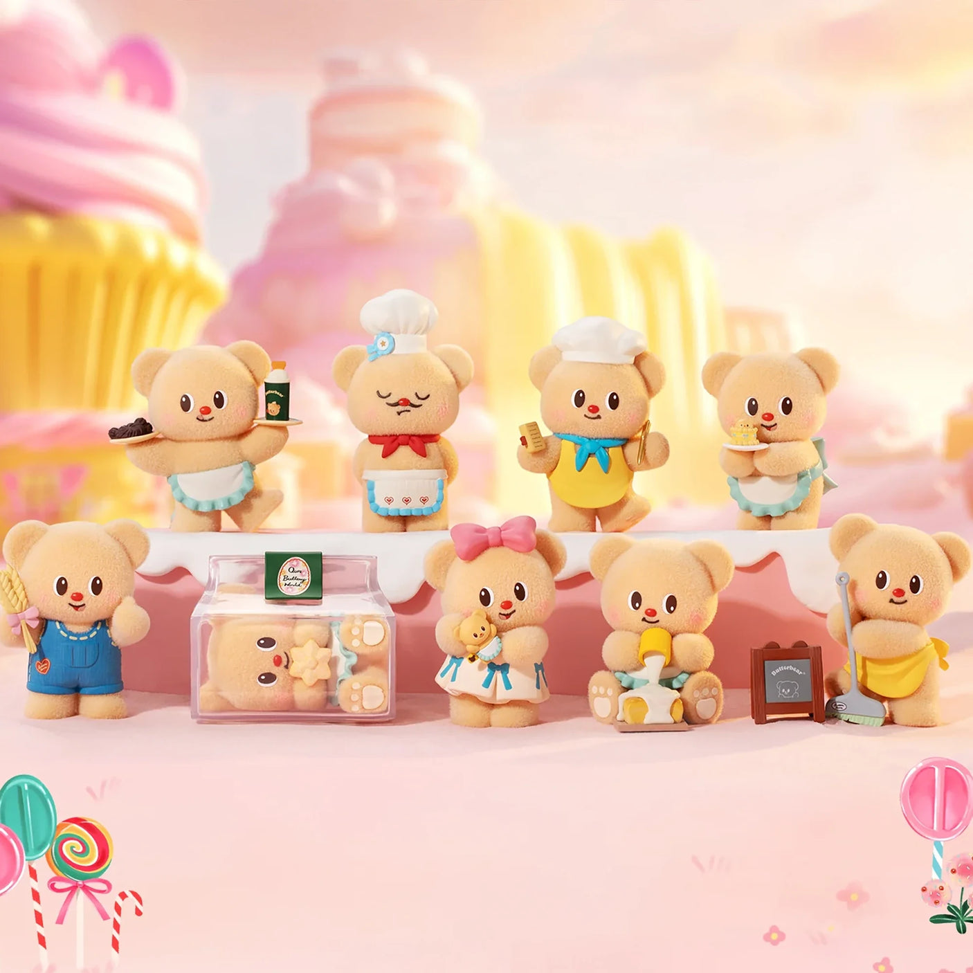 Collection of small bear figurines dressed as bakers and chefs with various desserts in pastel candy-themed background