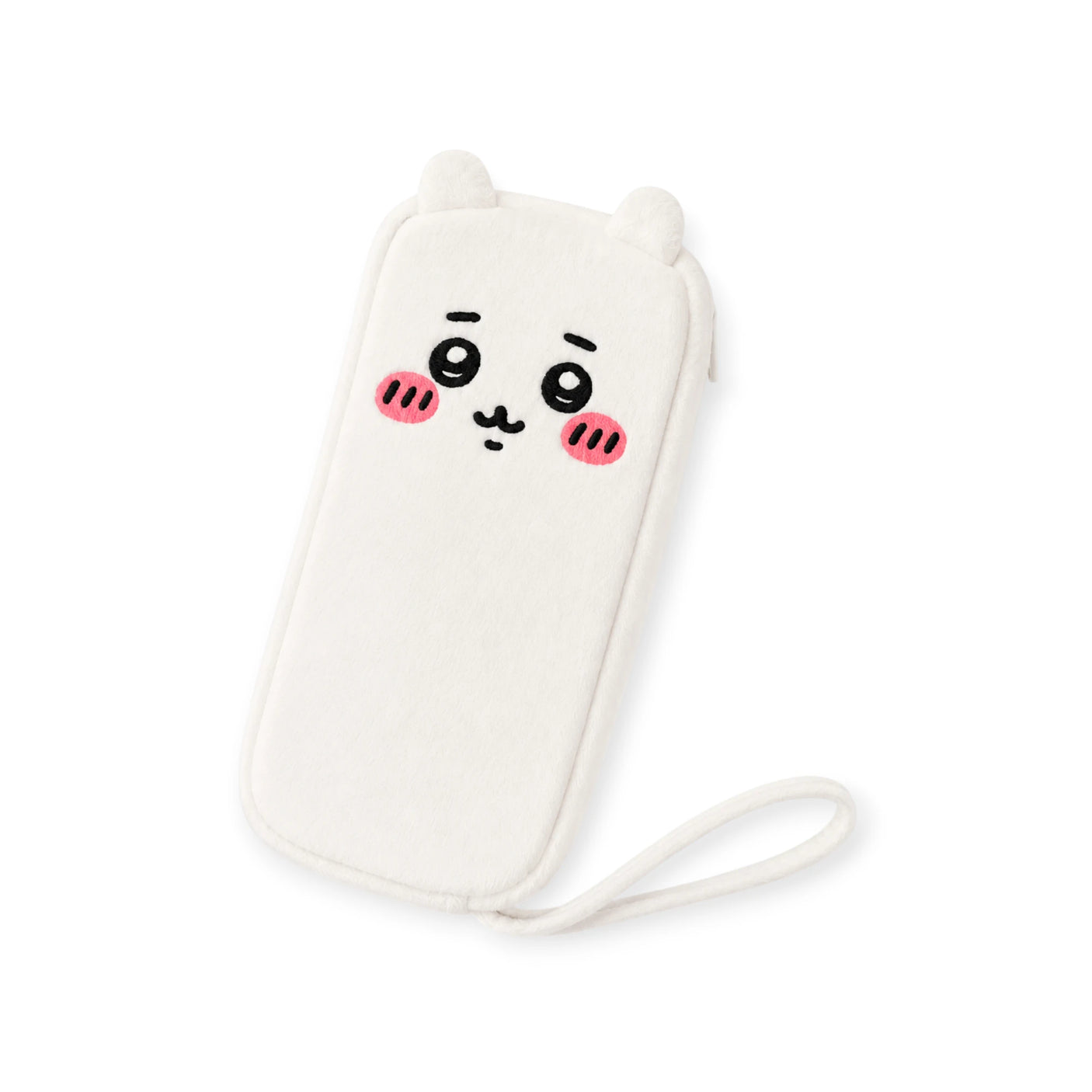 Plush zipper case with bear-face print and long strap, white fabric