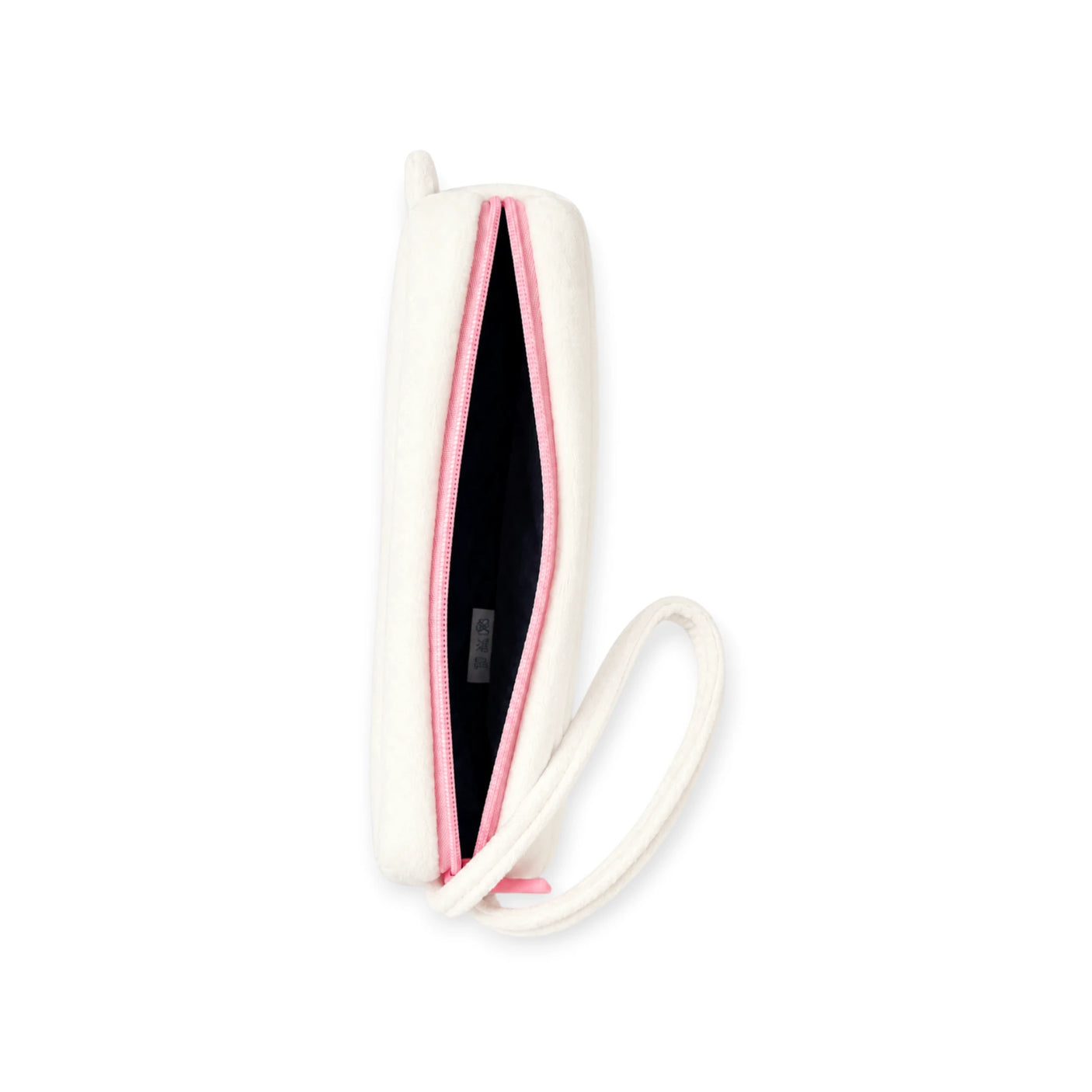 Plush zipper case open view showing dark interior and pink zipper, cream