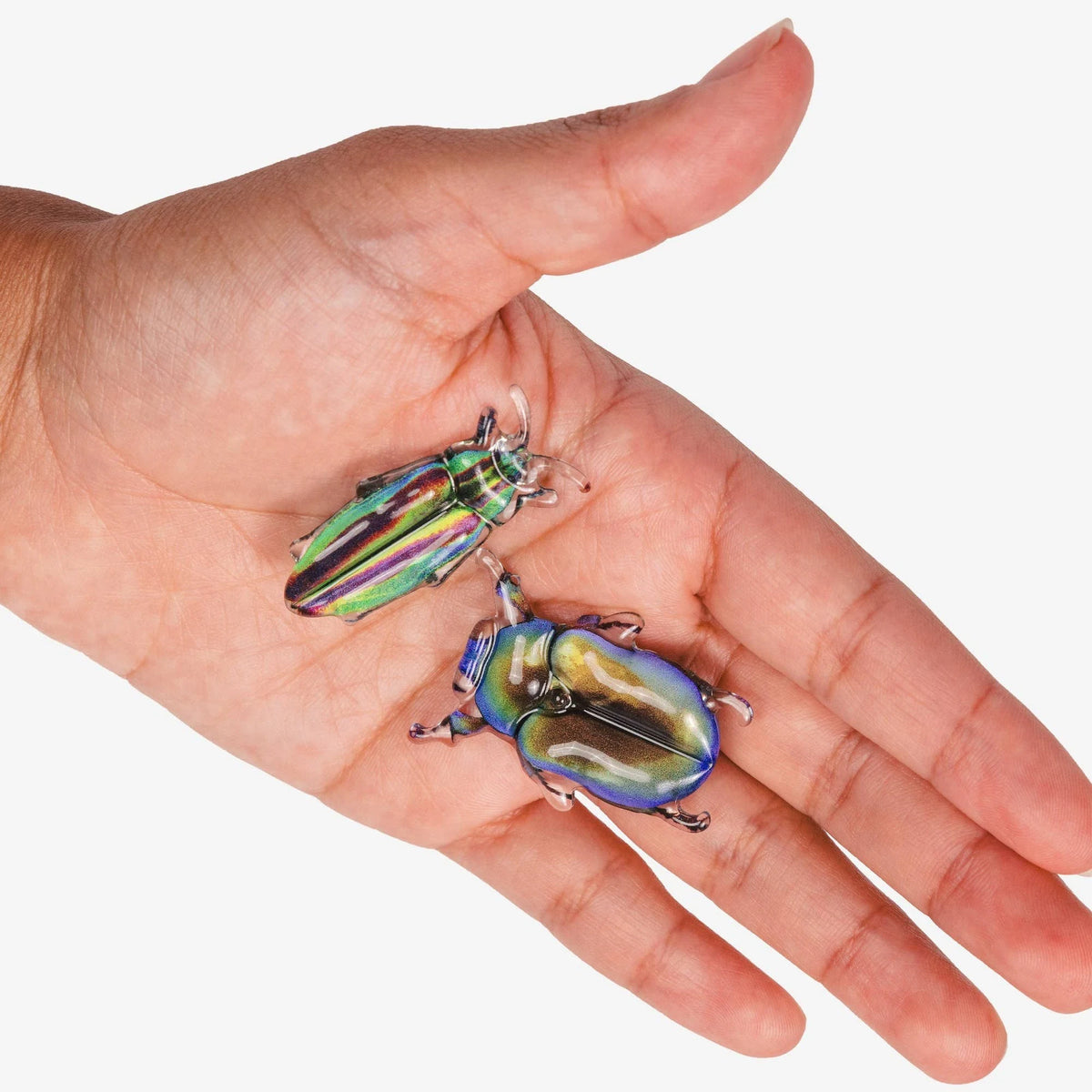 Pair of iridescent beetle hair clips held on an open hand