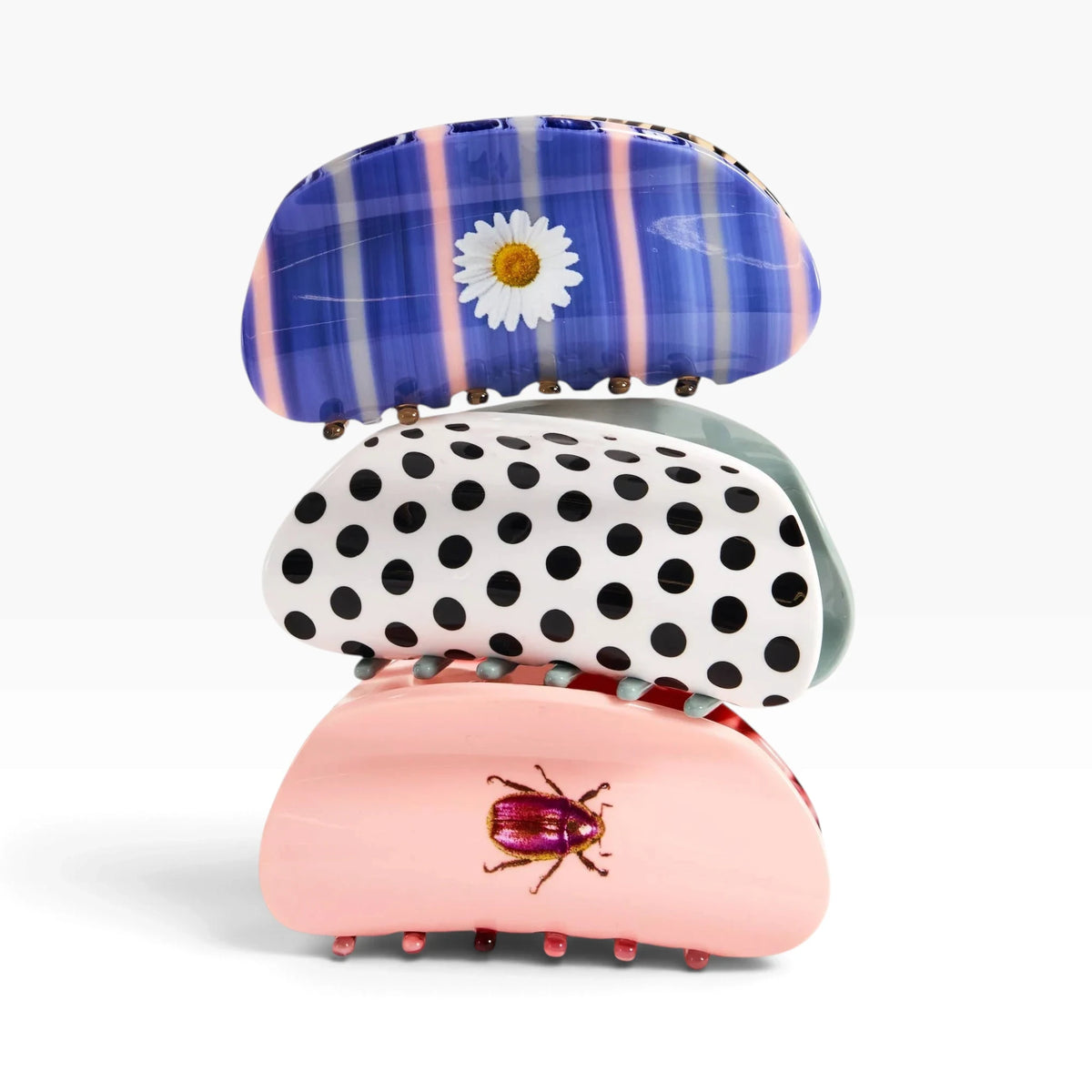 Hair claw clips set: blue daisy, white polka dot, pink with beetle graphic