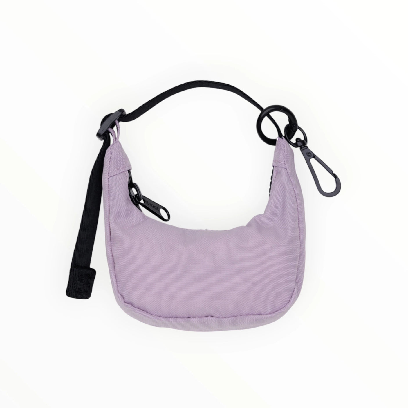 Dusty pink Baggu Crescent Bag Charm with black strap and metal keyring clip, versatile mini crescent accessory.