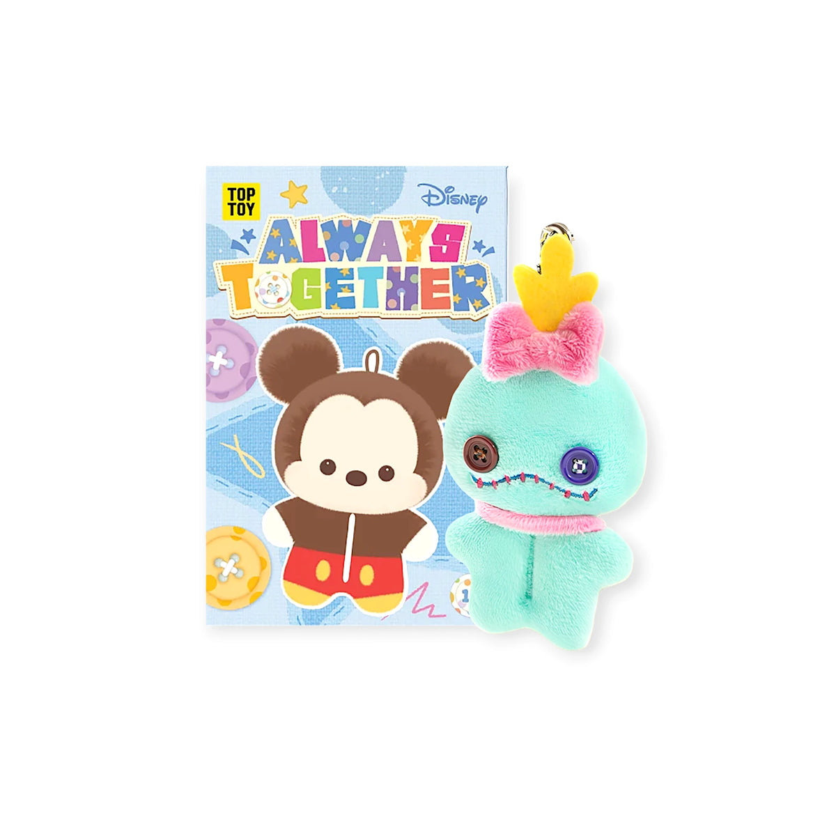 Disney plush charm with card packaging and hanging loop, featuring a blue-and-teal character.