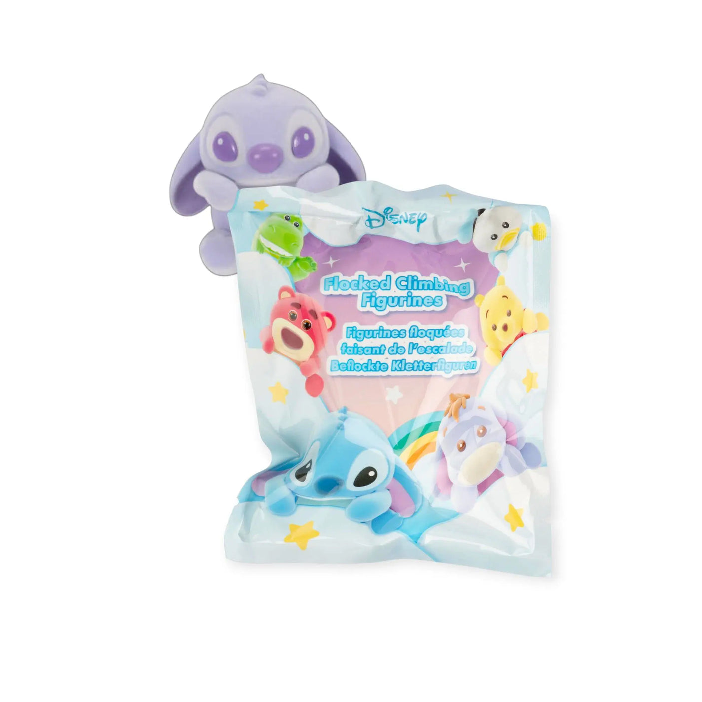 Flocked climbing figure blind bag with purple character on ocean-themed packaging