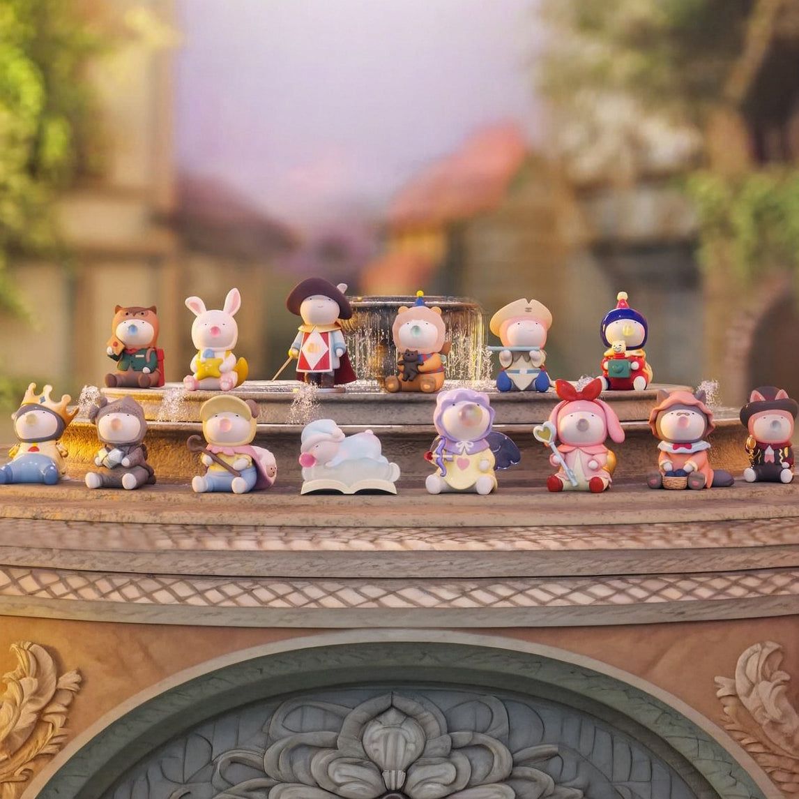 Multiple small unicorn bedtime blind box figures in different outfits lined on display steps.