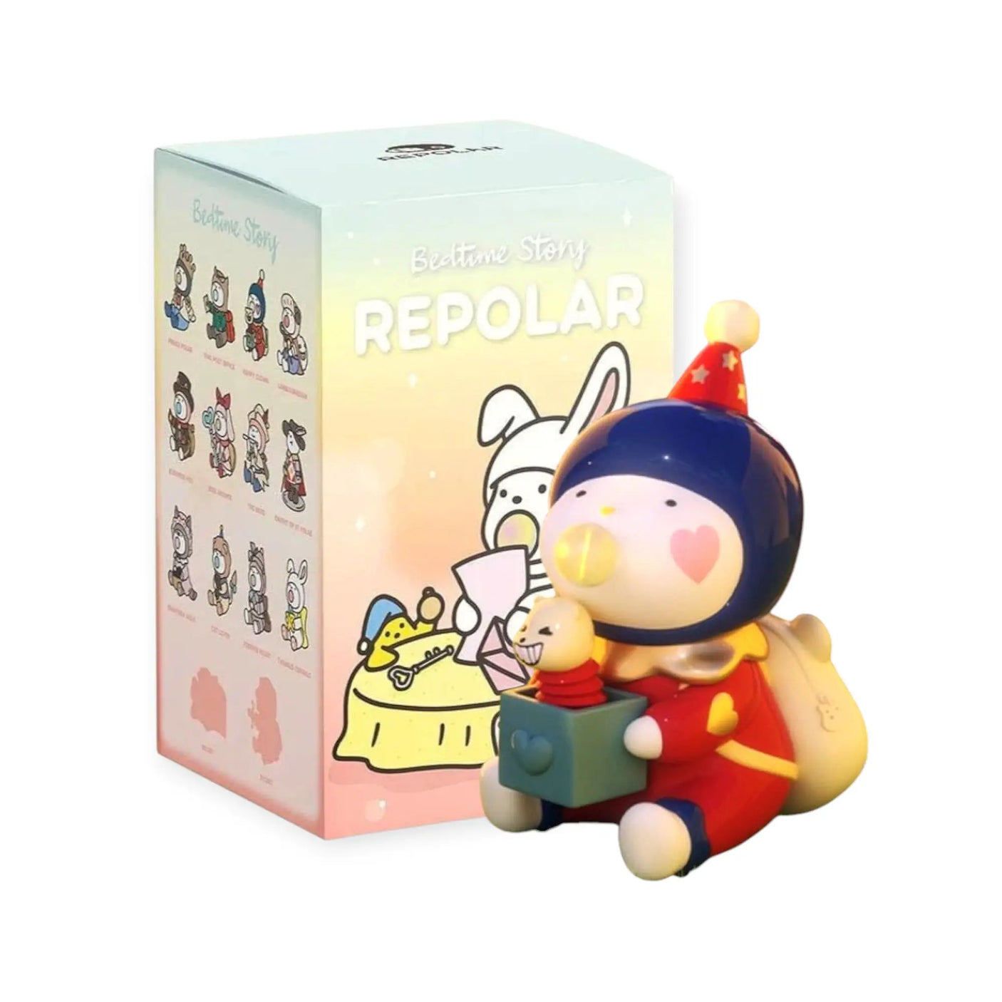 Unicorn bedtime blind box figure in blue and red outfit, reading with a toy box nearby.