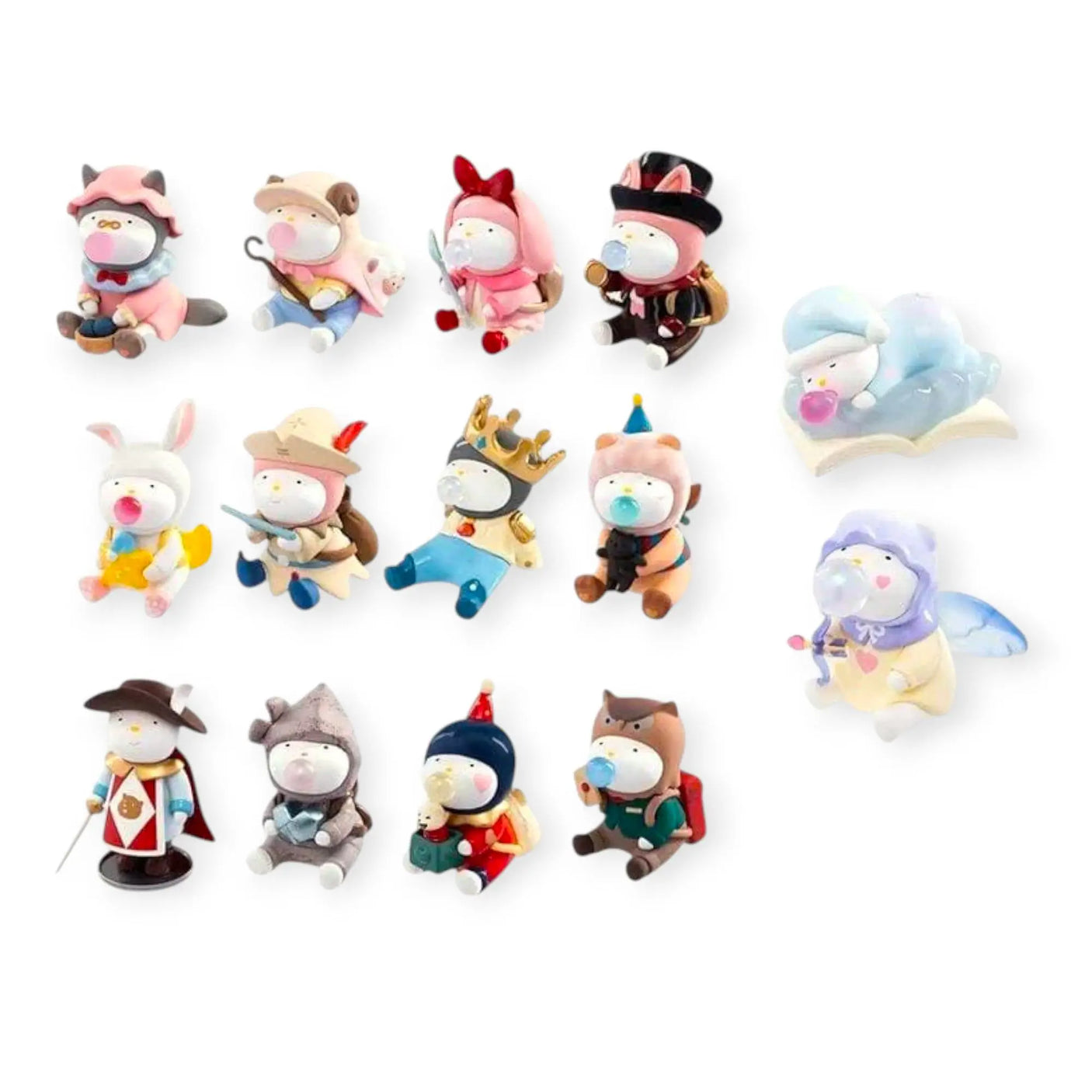Fourteen Finding Unicorn REPOLAR Bedtime Story collectible figures in whimsical costumes arranged on white background