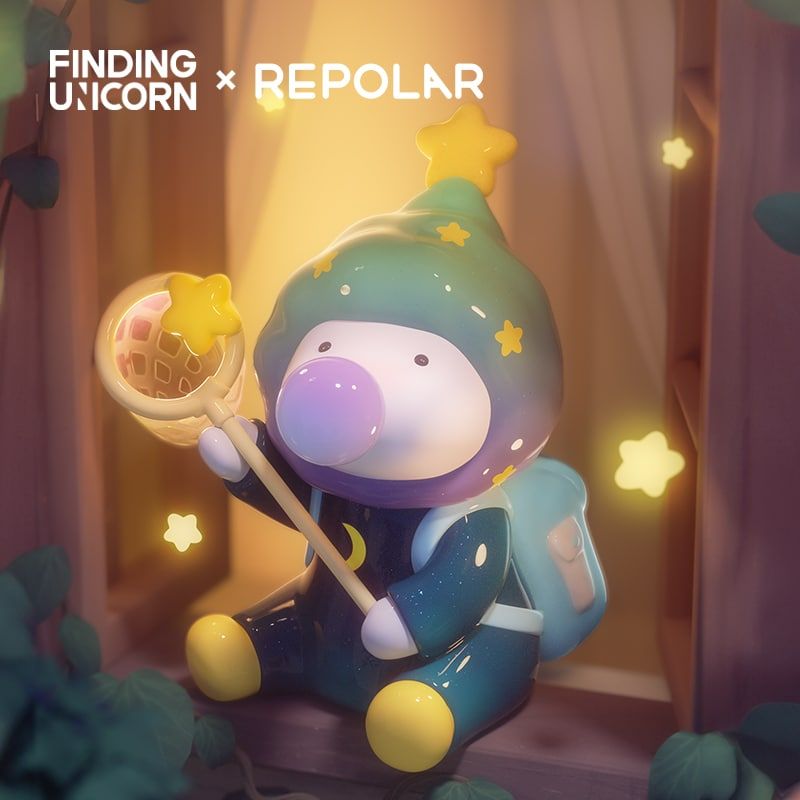 Finding Unicorn REPOLAR Day Dreams figure wearing starry hood and backpack sitting with net catching glowing star in soft light