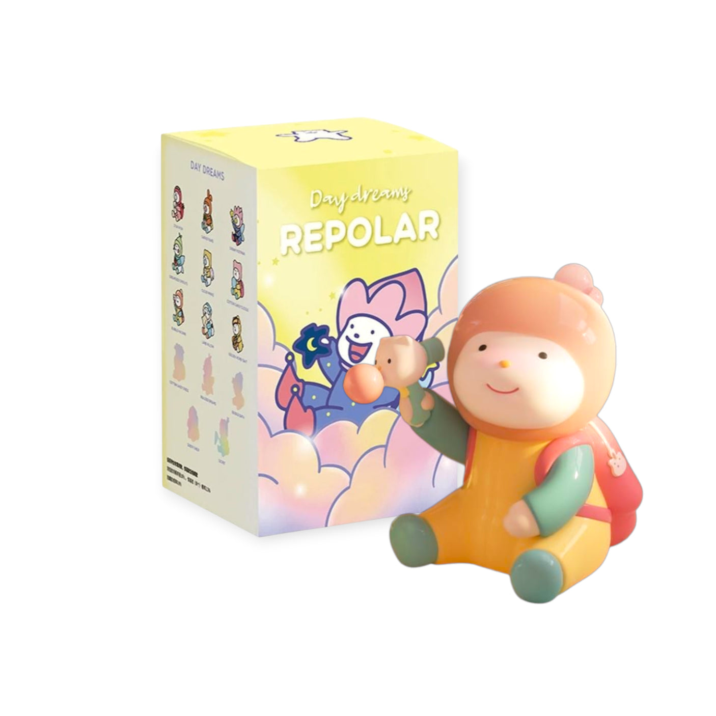 Finding Unicorn REPOLAR Day Dreams blind box figure sitting with toy trumpet beside colorful packaging on white background