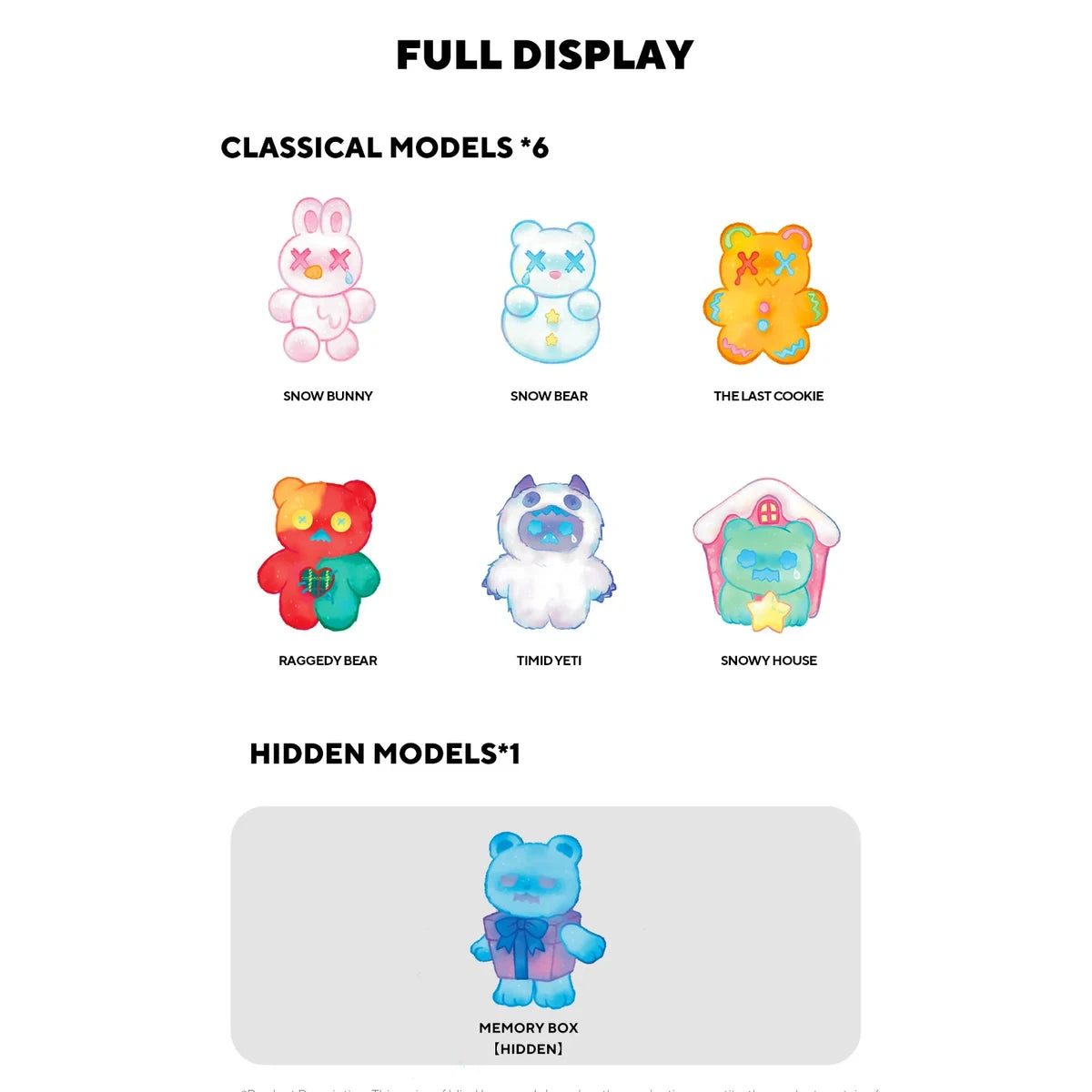 Set of six colorful Finding Unicorn Shinwoo Cold Hugs plush models with one hidden Memory Box figure on white background