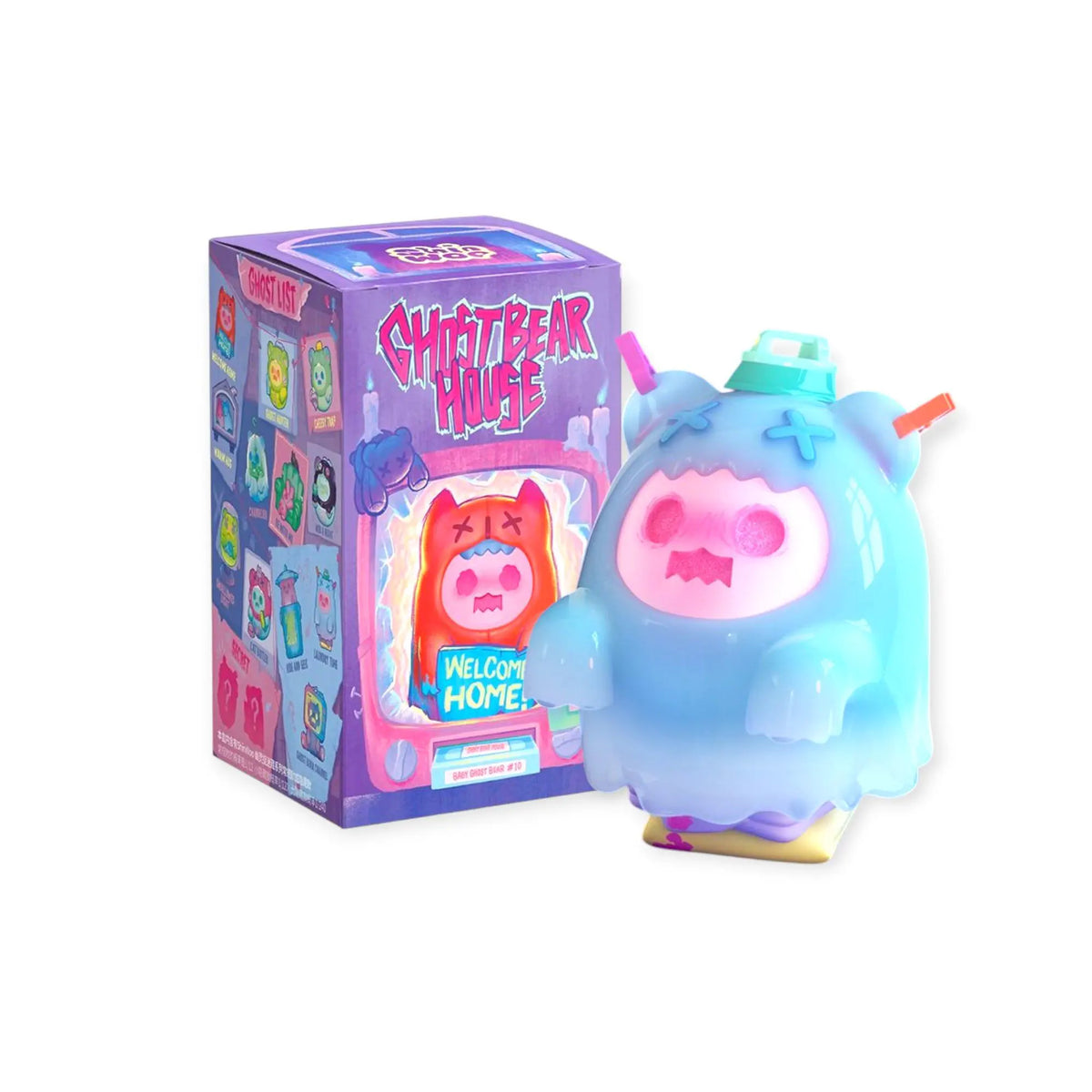 ShinWoo ghost bear house blind box with blue bear house figure and pink accents