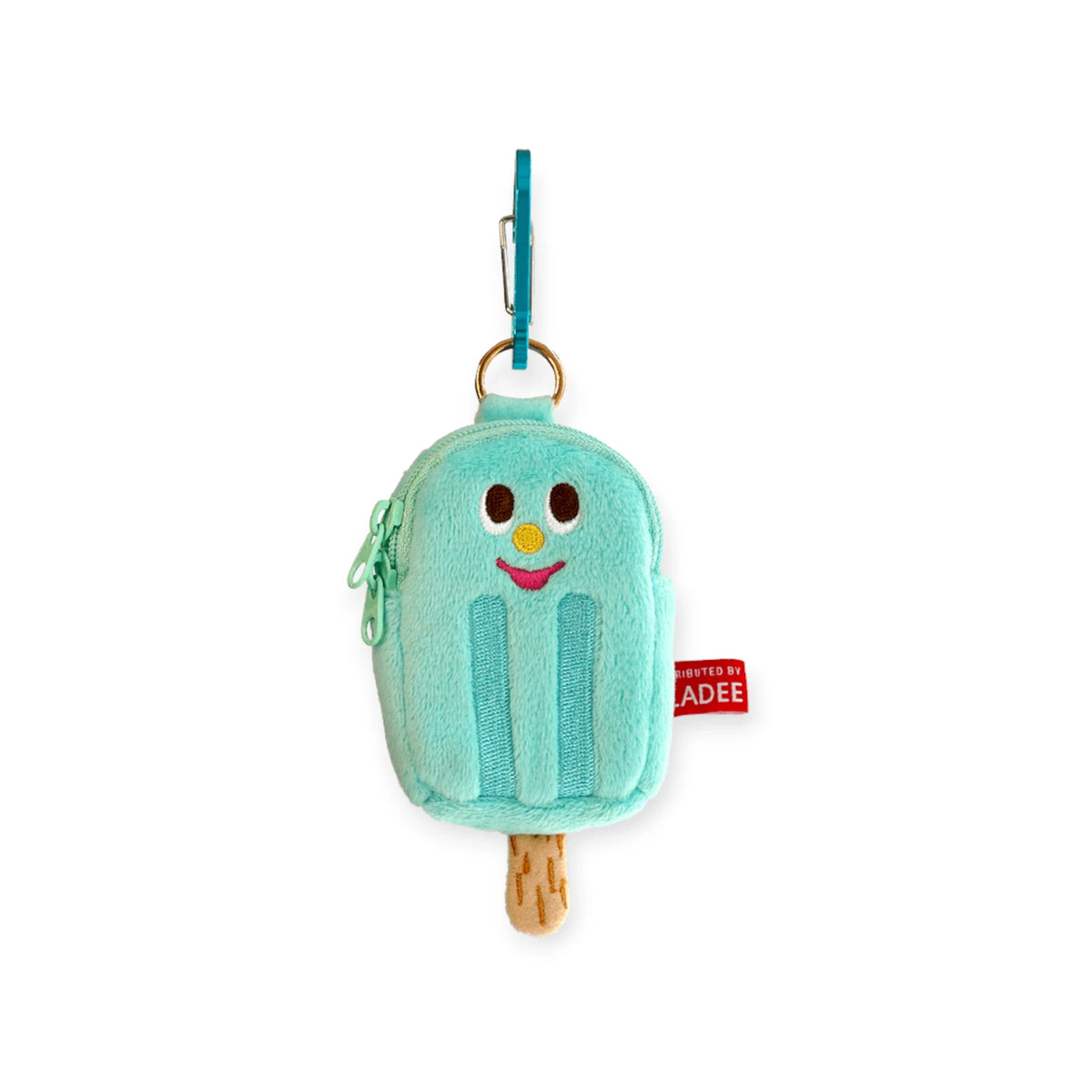 Mint ice-cream earbuds case with smiling face design, teal key clip, zip pouch