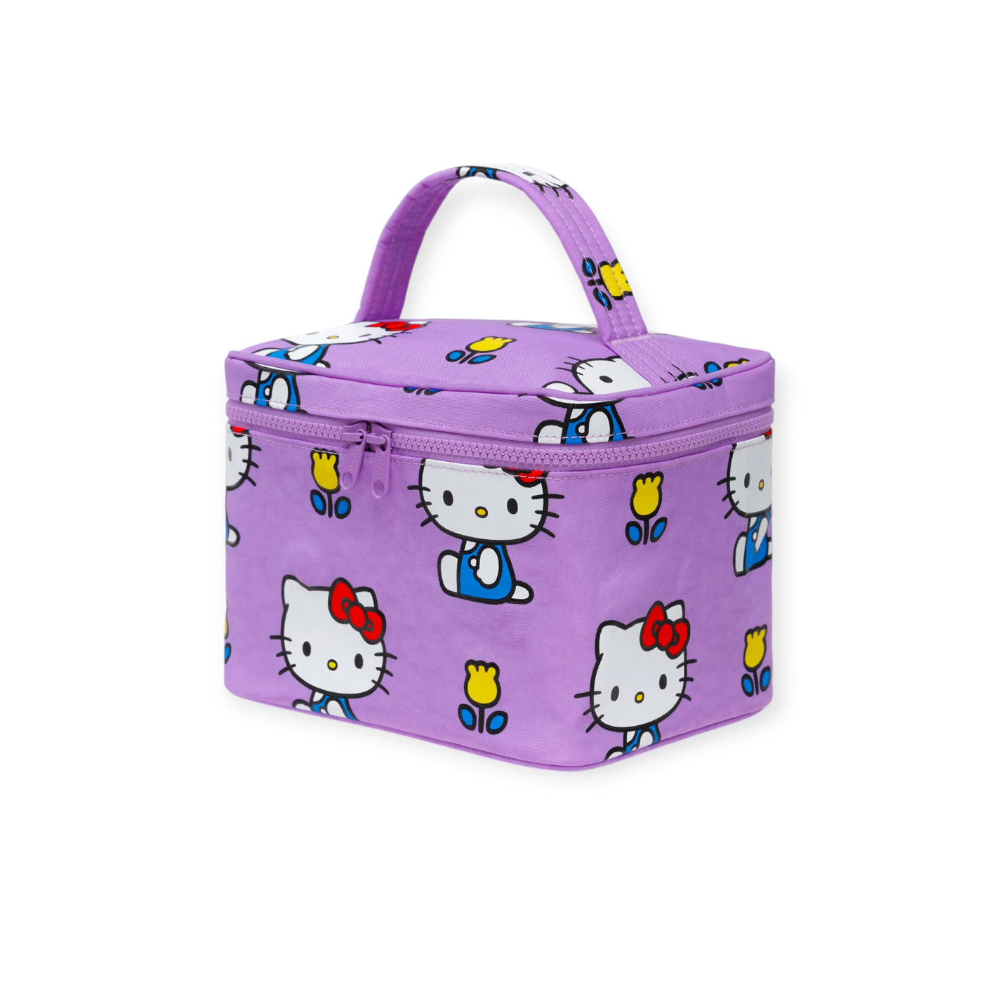 The Baggu Hello Kitty x Baggu Large Cosmetic Case is a rectangular purple bag with a handle, featuring cartoon cat faces and yellow tulipsβplayful and perfect for storing cosmetics or lunch.