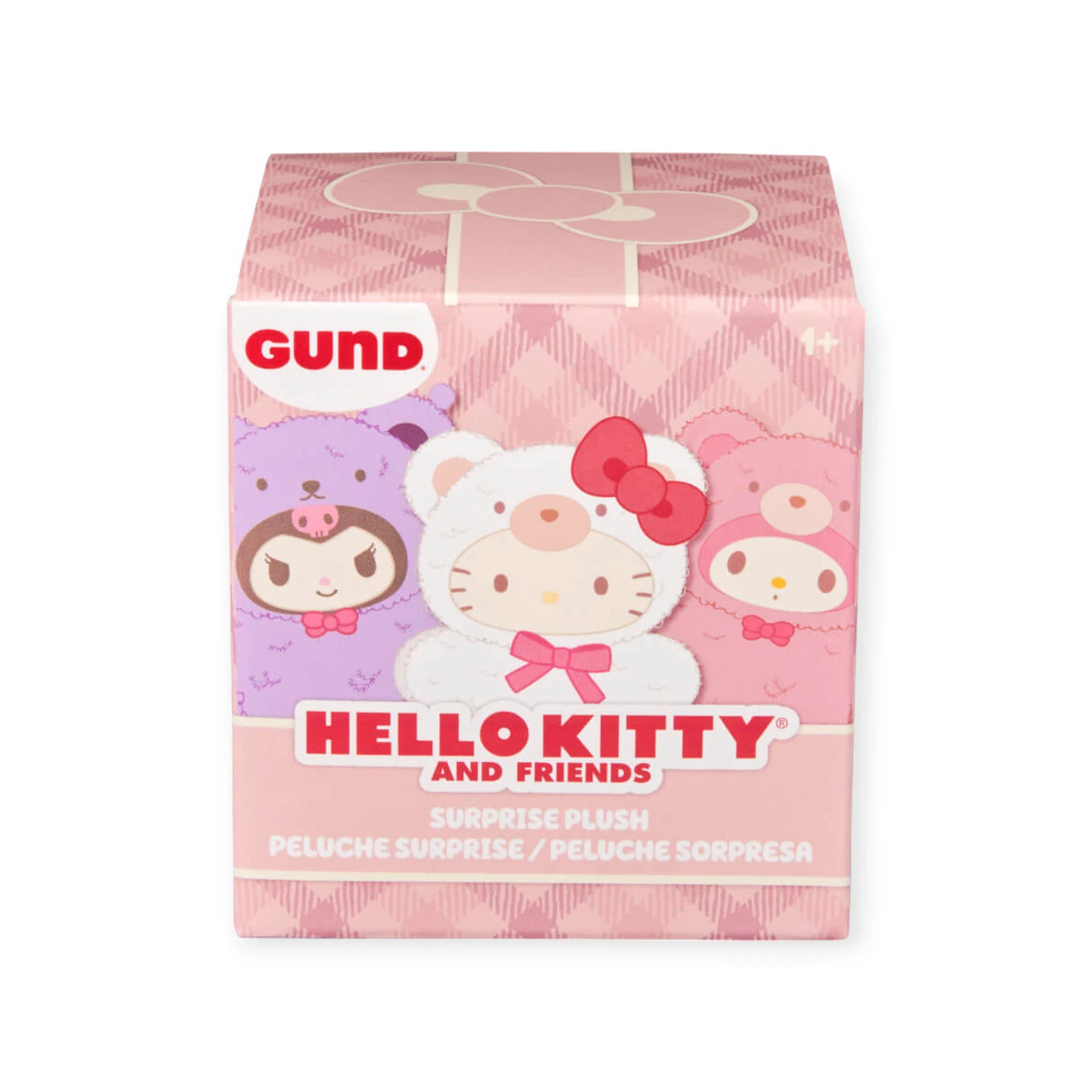 A pink box labeled "Hello Kitty Blind Box - Cafe Plush Keychain" by Hello Kitty, featuring Sanrio characters in cafe-themed outfits—each box includes a cute plush keychain inside.
