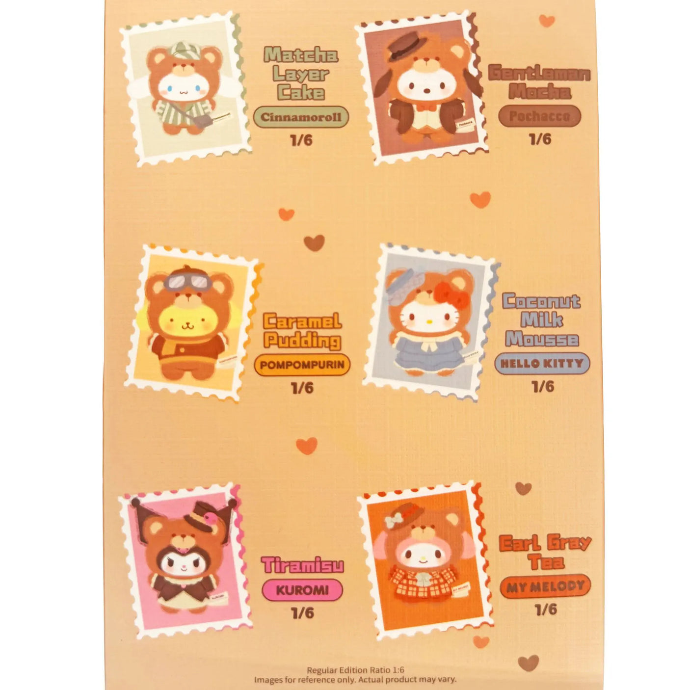 Collectible blind box checklist card showing six Hello Kitty plush designs
