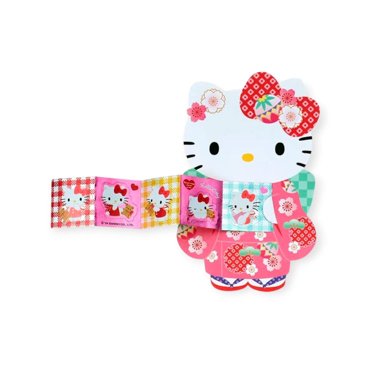 The Hello Kitty Kimono - Decorative Card Set by Hello Kitty features a red and pink kimono-inspired design with floral patterns, perfect for fans of cute stationery. Comes with three decorative cards displayed on an attached strip.