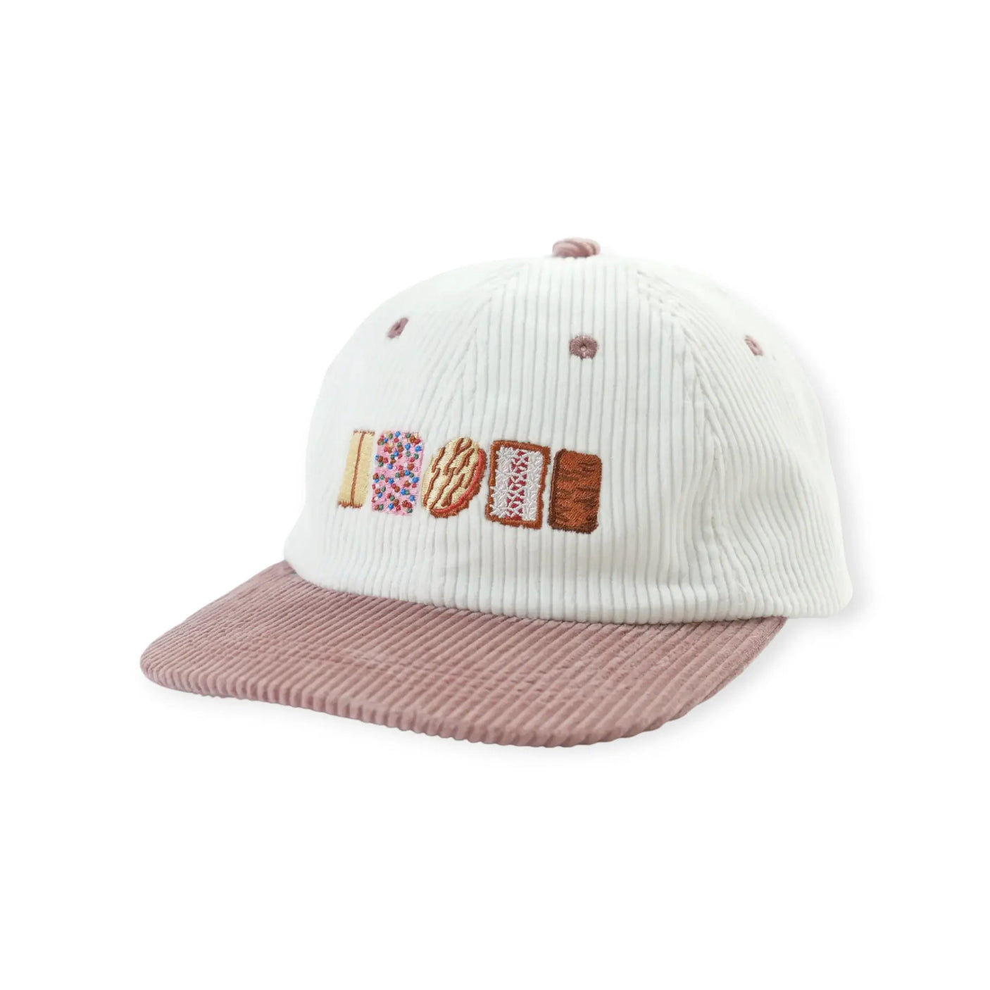 White ribbed knit baseball cap with mauve brim and colorful stitched lettering