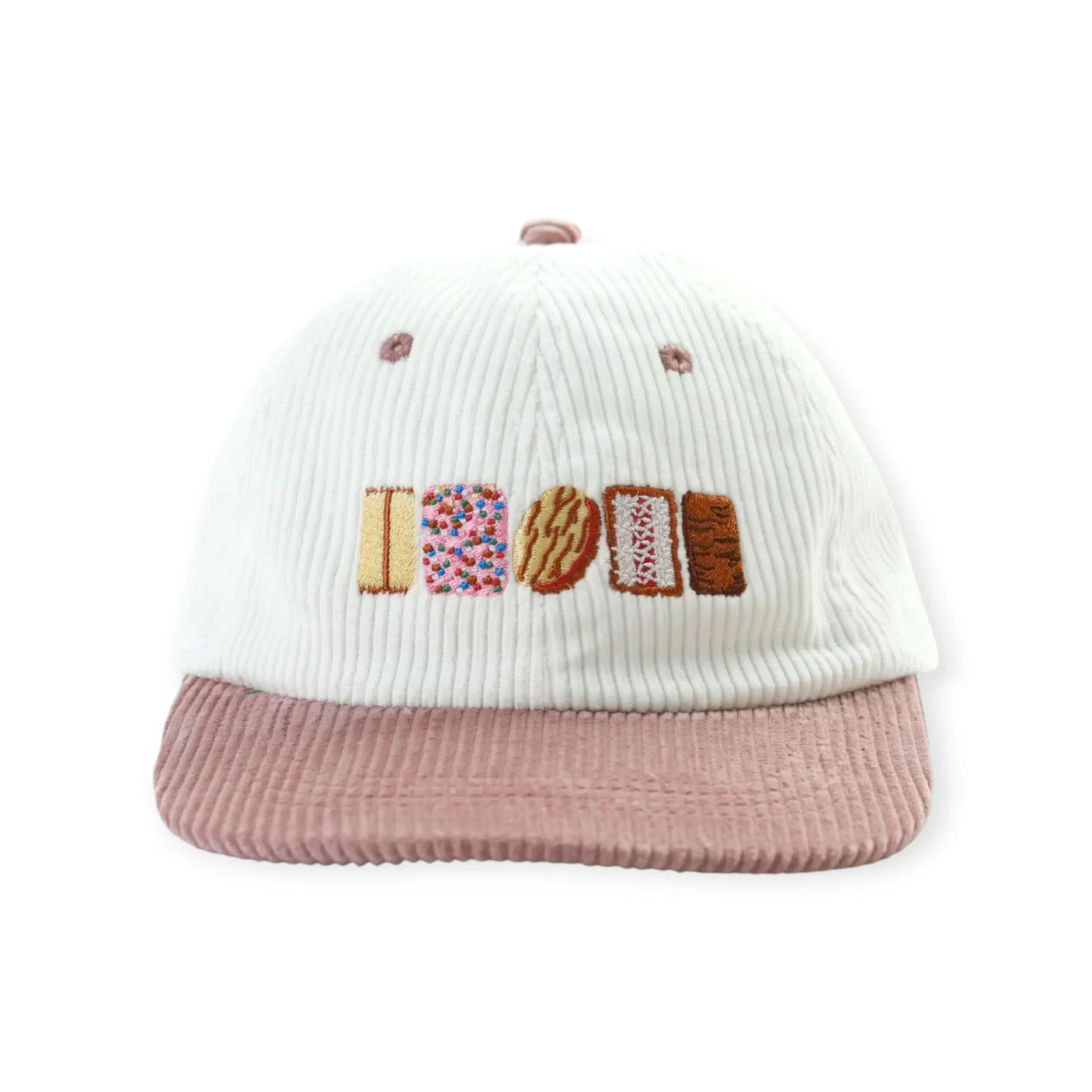 White ribbed knit baseball cap with mauve brim and embroidered colorful lettering