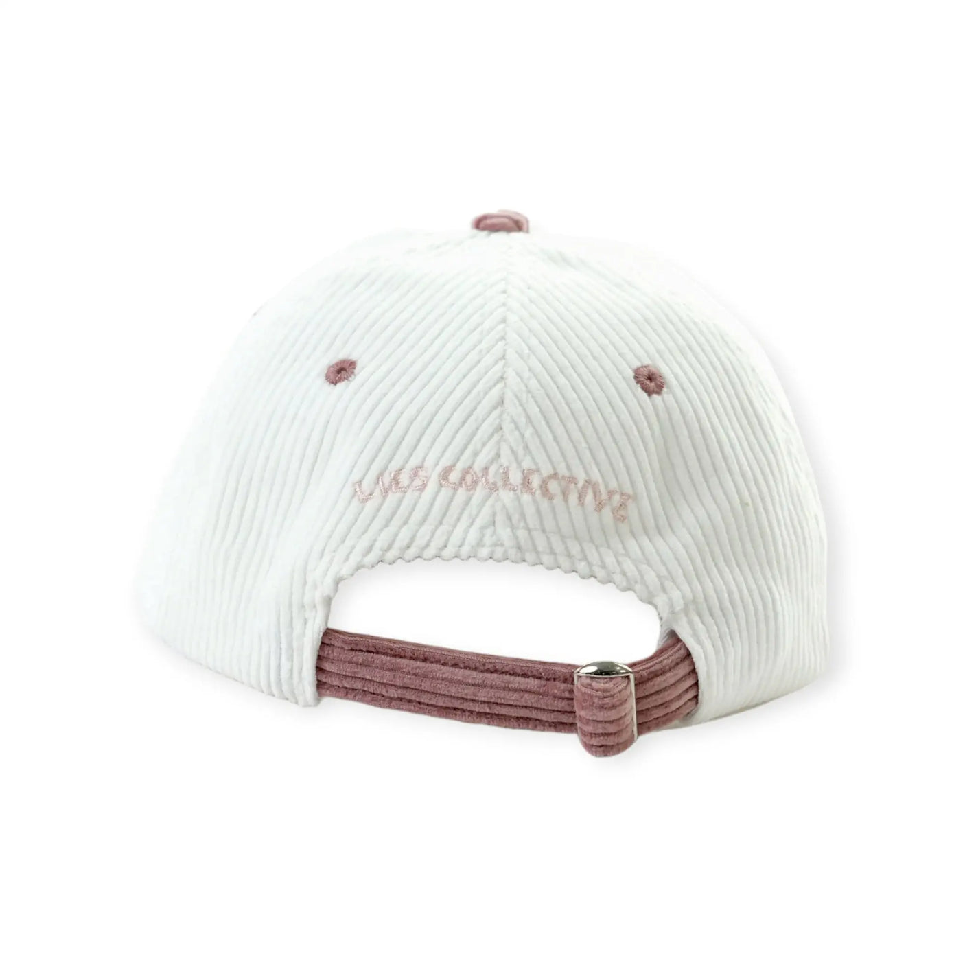 White ribbed knit baseball cap with mauve adjustable strap and small embroidery dots