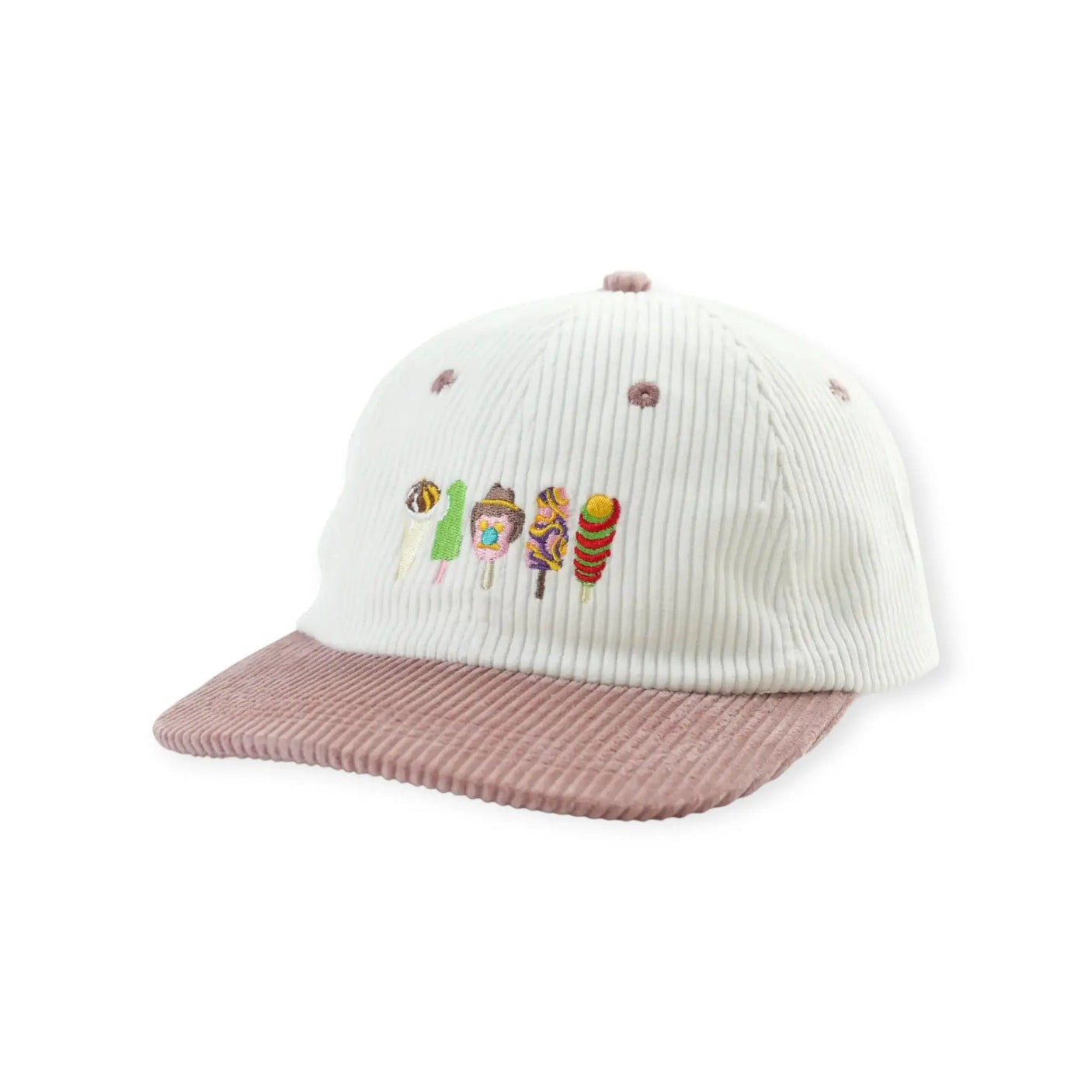 White ribbed knit hat with mauve brim and colorful embroidered character graphic on front