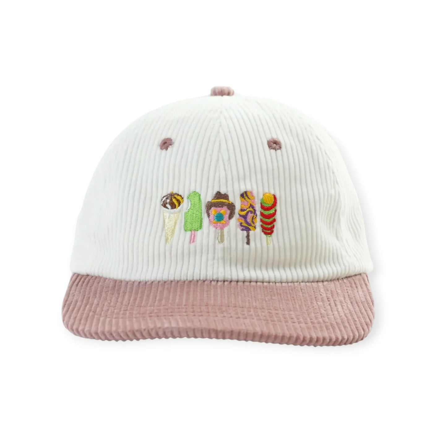 White ribbed knit hat with mauve corduroy-style brim and colorful embroidered characters on front