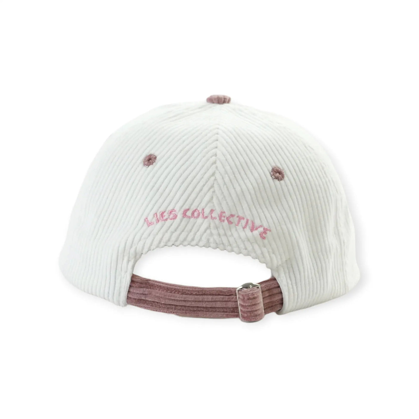 White ribbed knit hat with mauve brim, with pink text at the back and small eyelets