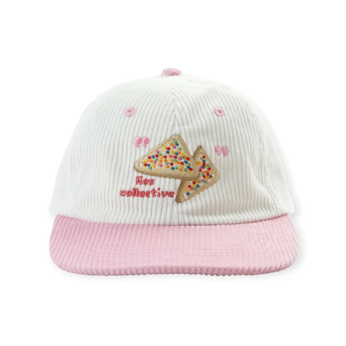 White and pink corduroy cap with fairy bread graphic patch on front