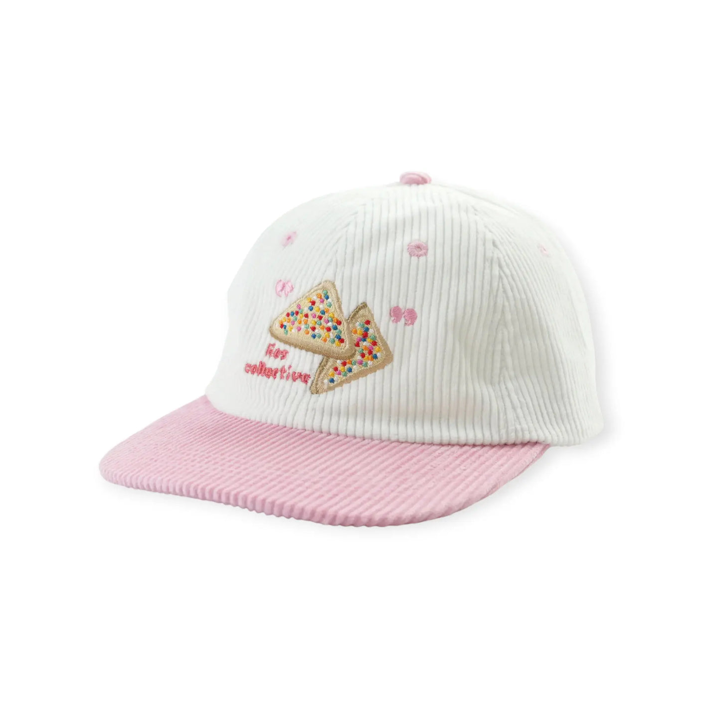 White crown and pink brim corduroy cap with fairy bread patch on front