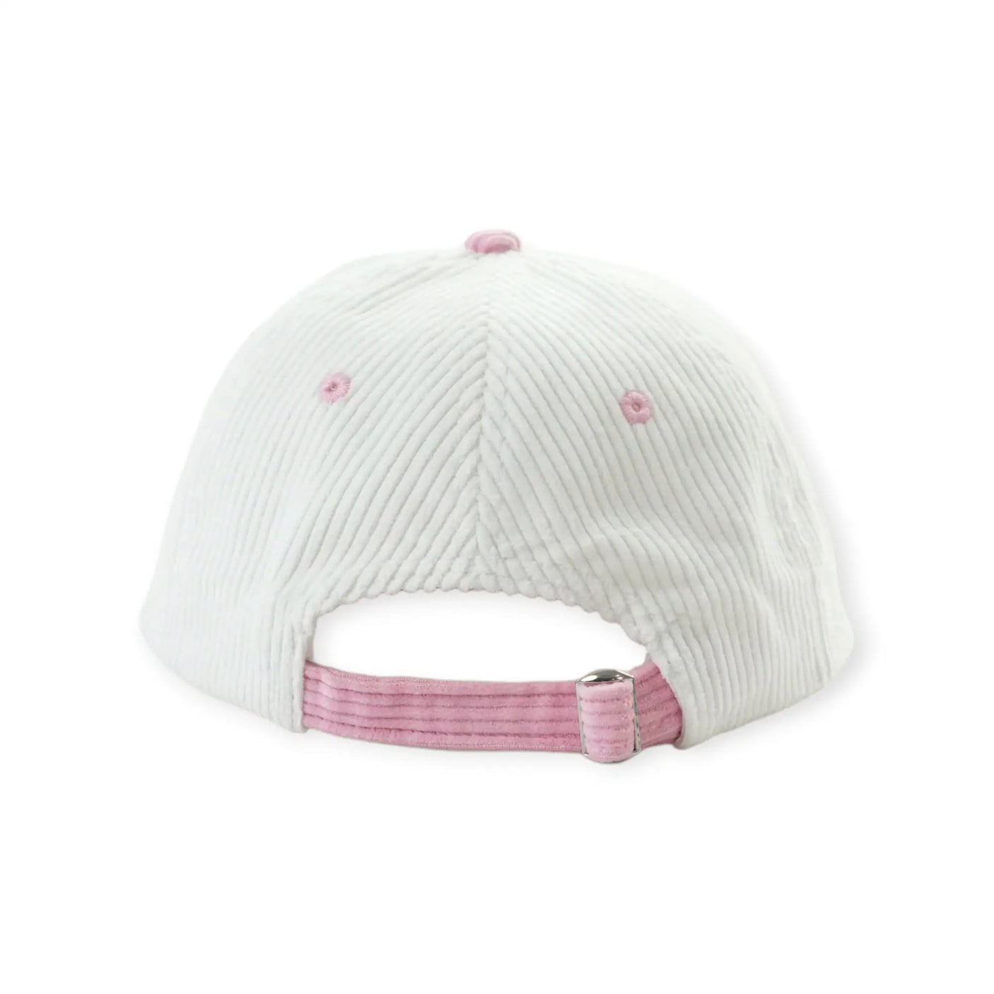 White corduroy cap back view with pink adjustable strap on brim