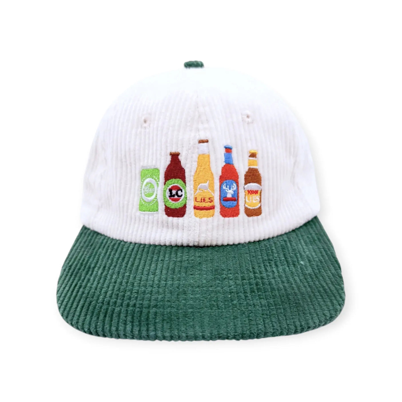 White corduroy hat with green brim and beer bottle graphic