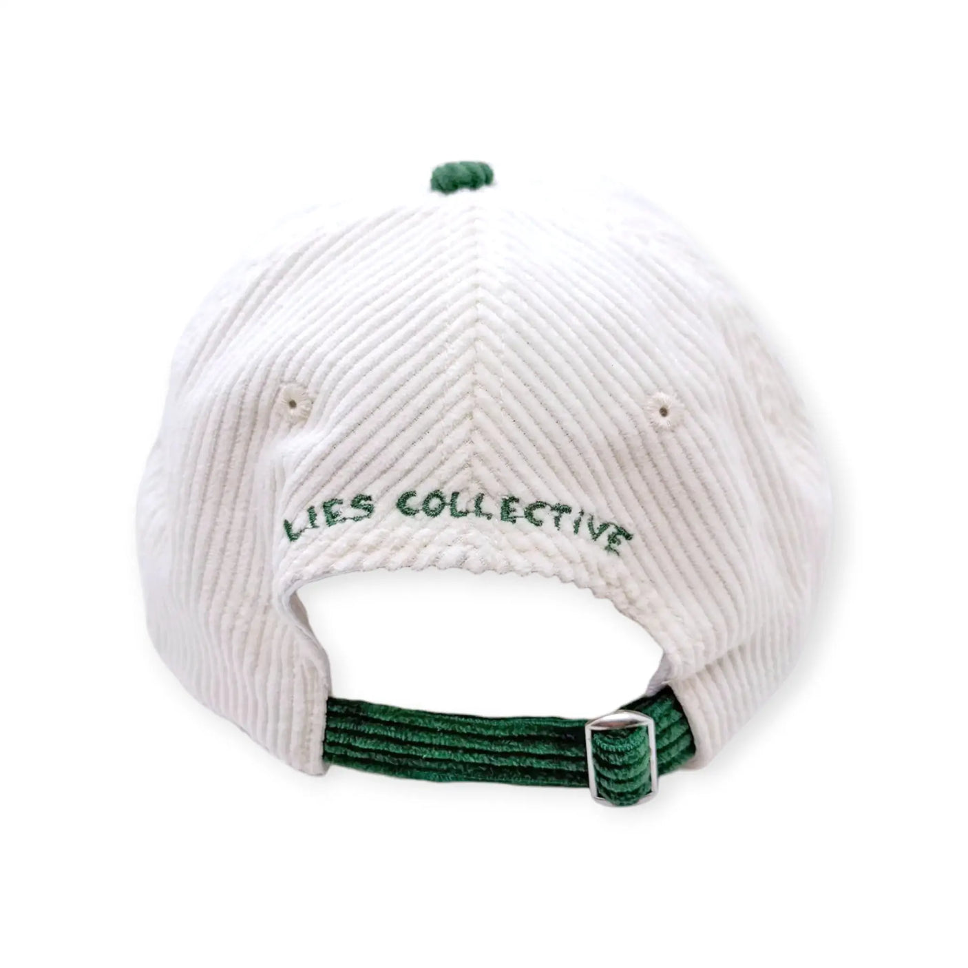 White corduroy cap back with 'Lies Collecting' embroidery and green strap
