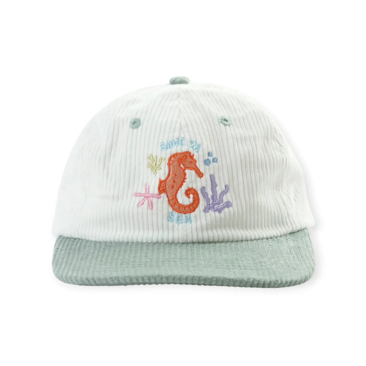 Embroidered beanie-style hat, white crown with green brim and seahorse logo