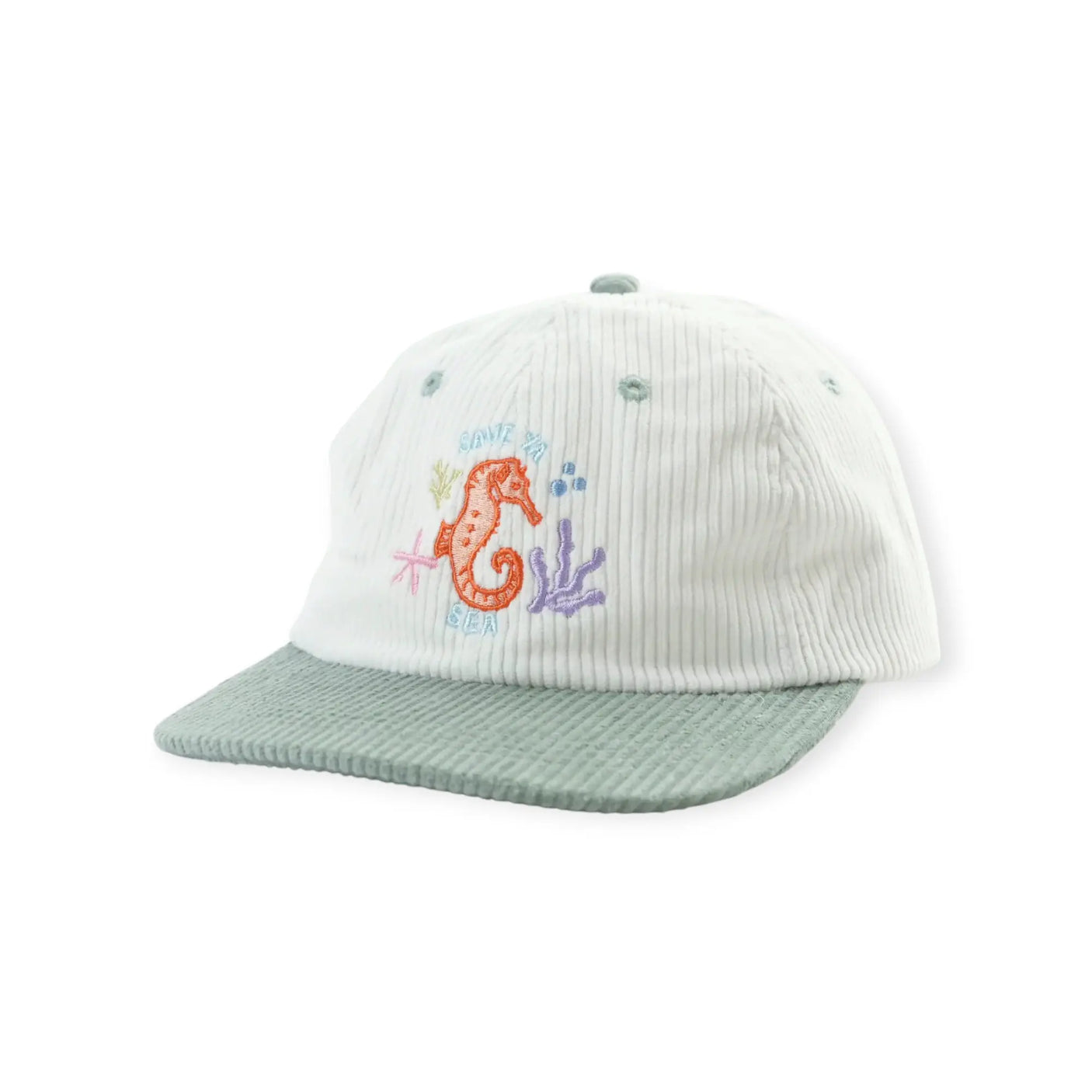 Embroidered bucket hat, white crown with green brim and colorful seahorse design