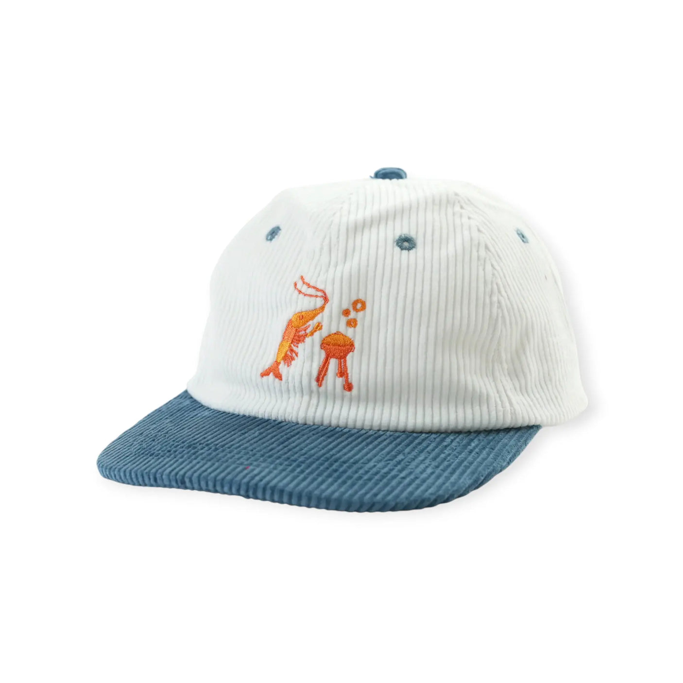 White corduroy baseball cap with blue brim and embroidered shrimp graphic on crown